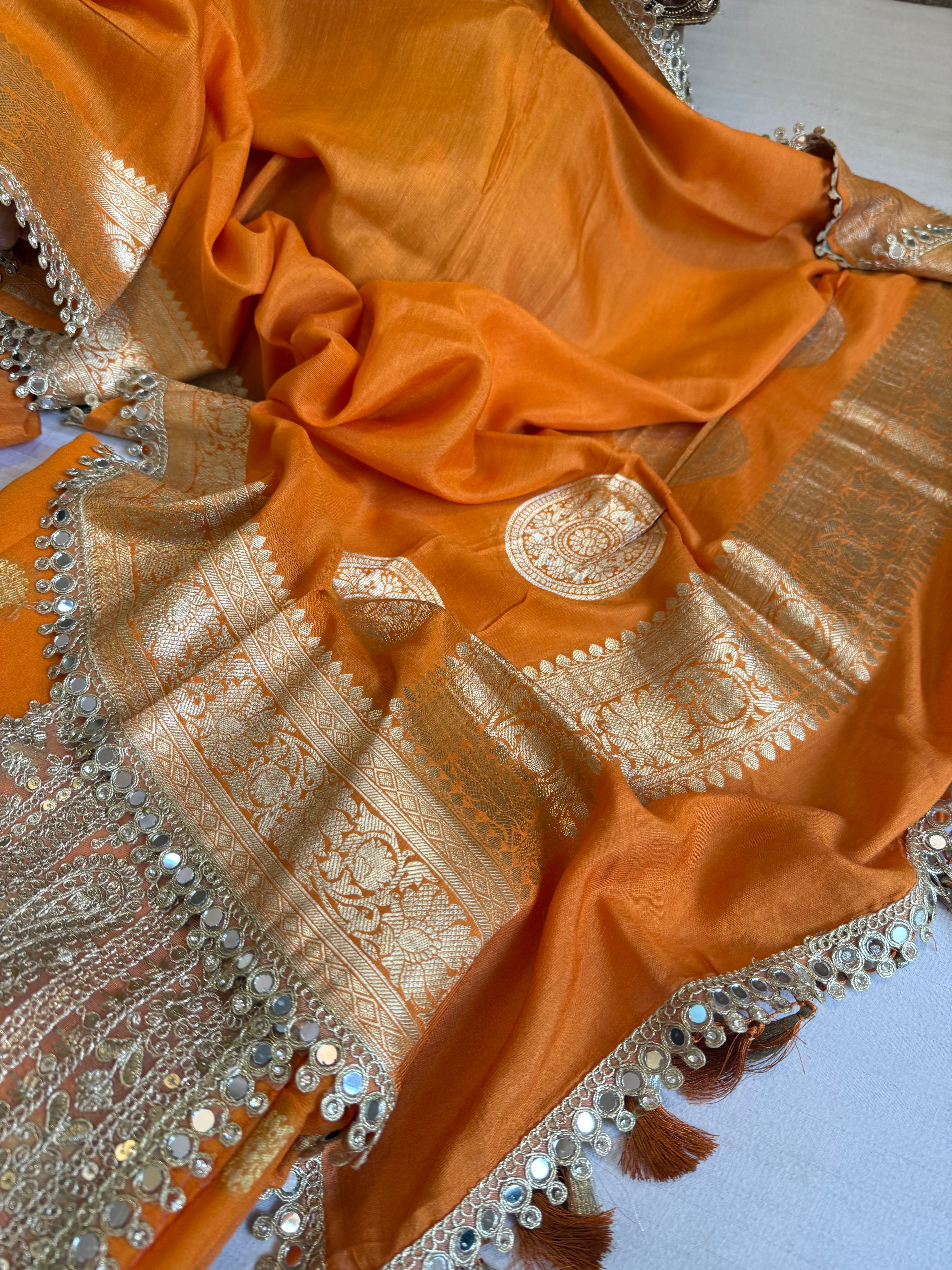 Banarasi mango shade gorgette kadhwa mirror work gotapatti suit set