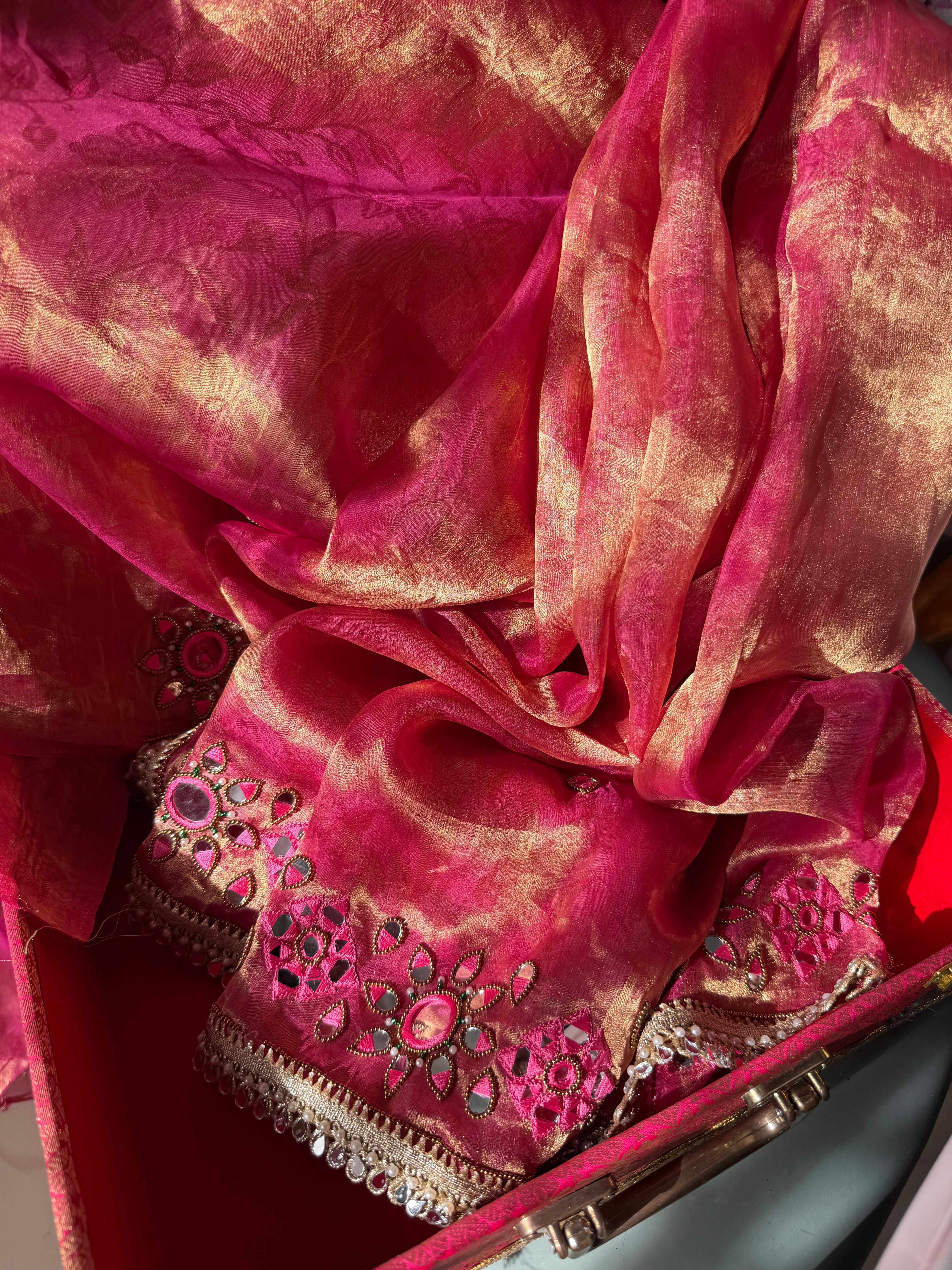 Desi barbie pink tissue tanchoi mirrorwork banarasi kadhwa saree