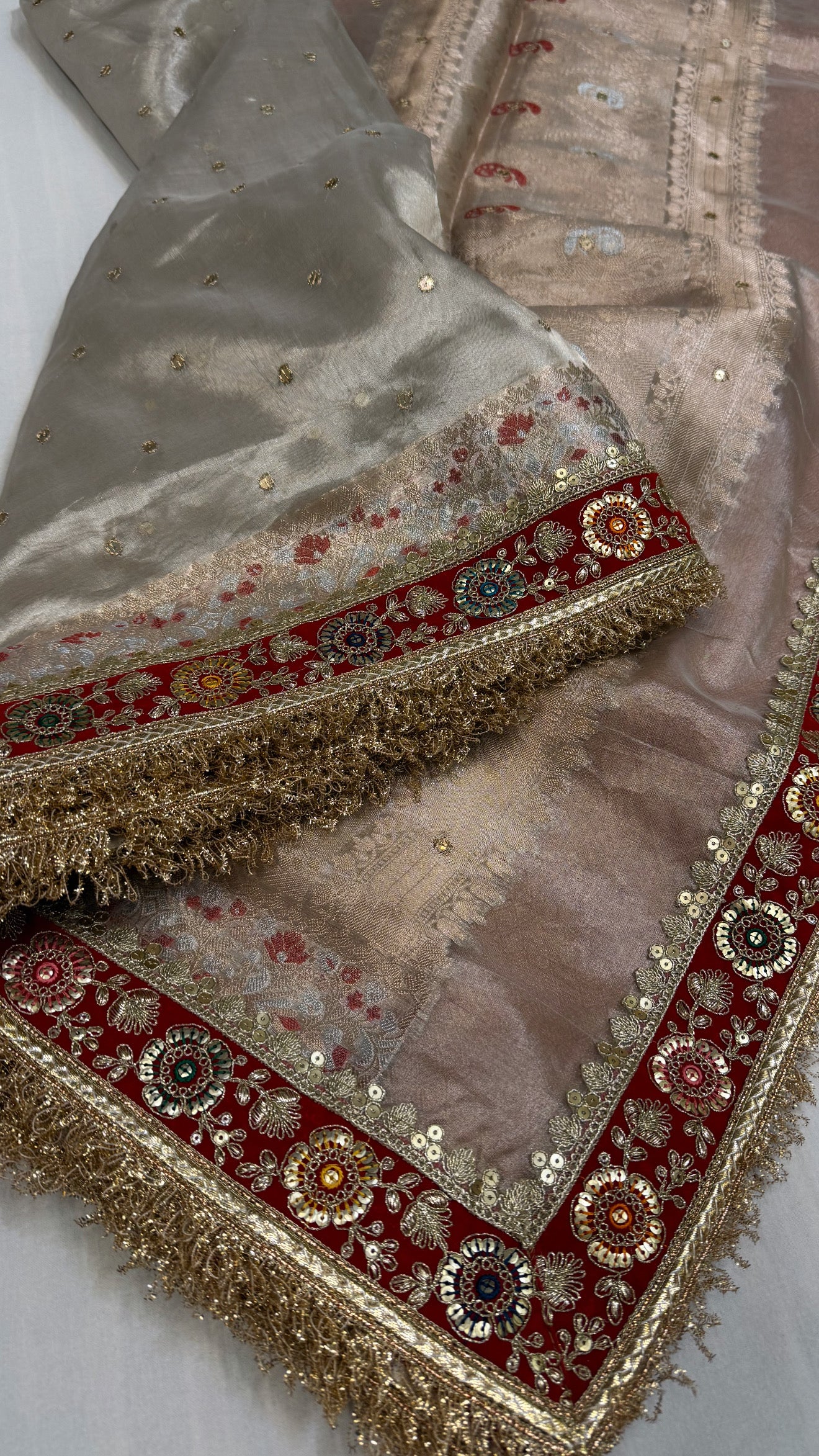 Diamond tissue silk chunri buti hand embroidered panetar saree