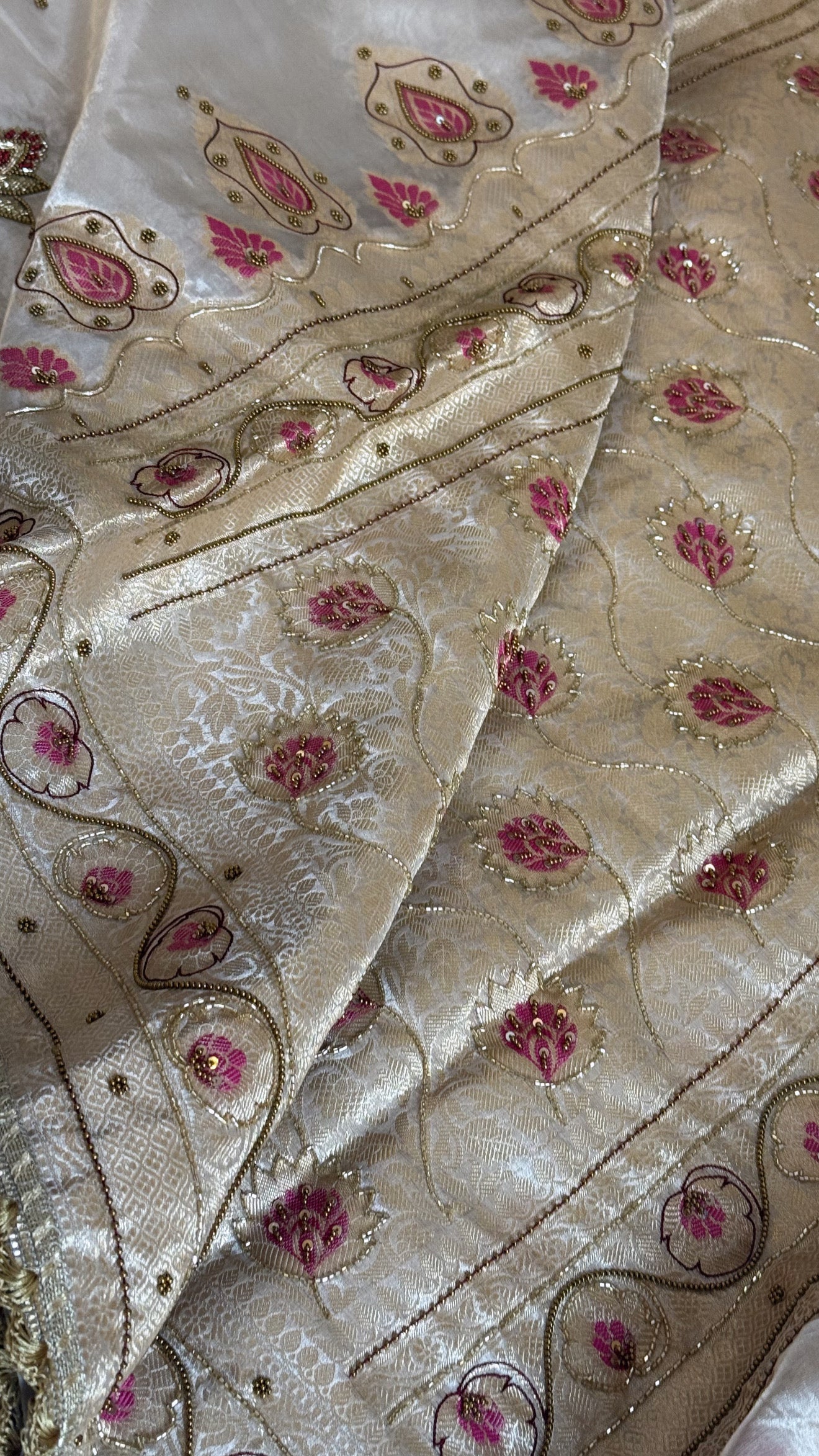Moonlight silver diamond tissue pink meenakari kadhwa hand embroidered saree