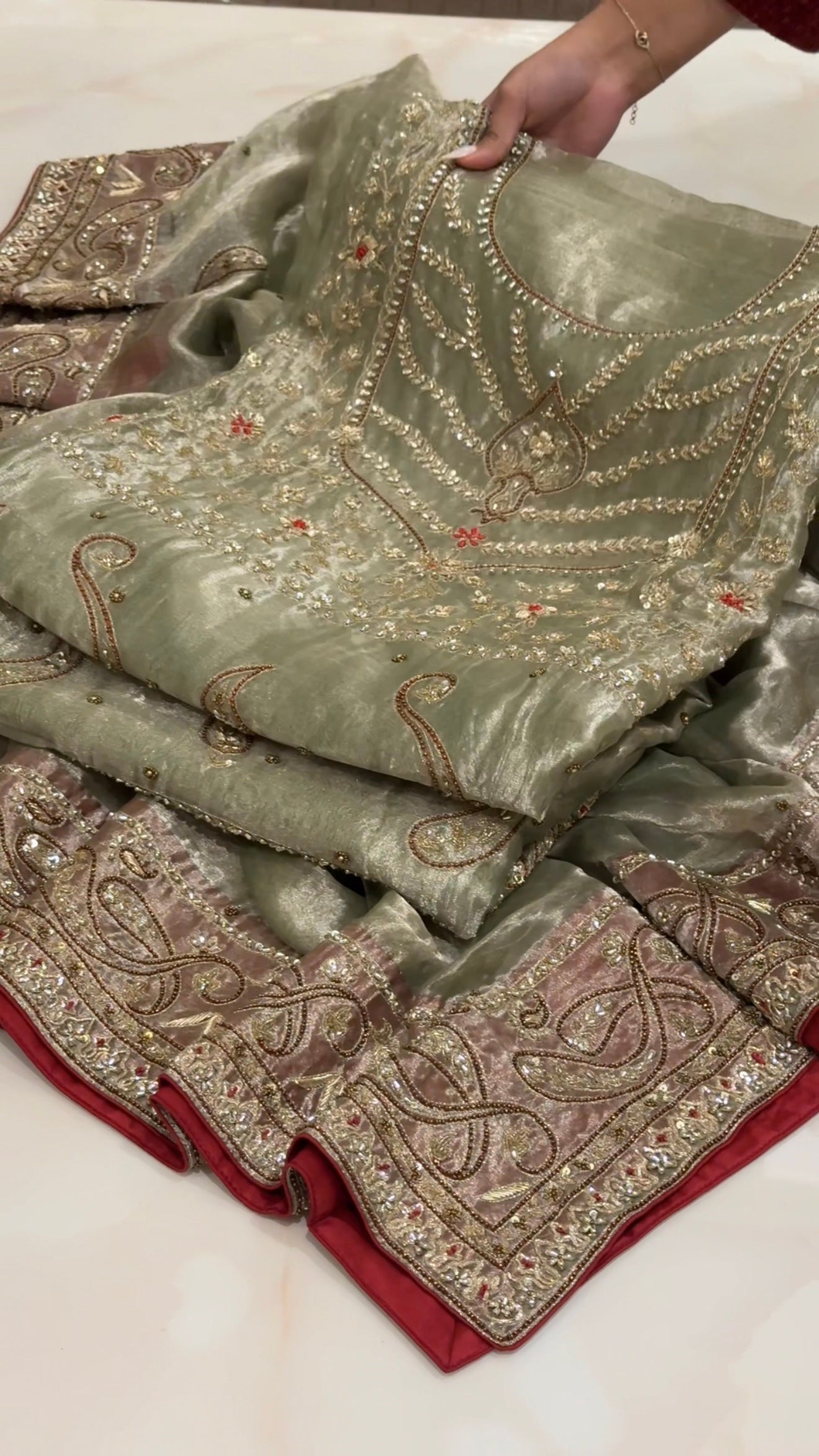 Umrao jaan inspired mint-red tissue silk hand embroidered kadhwa suit set