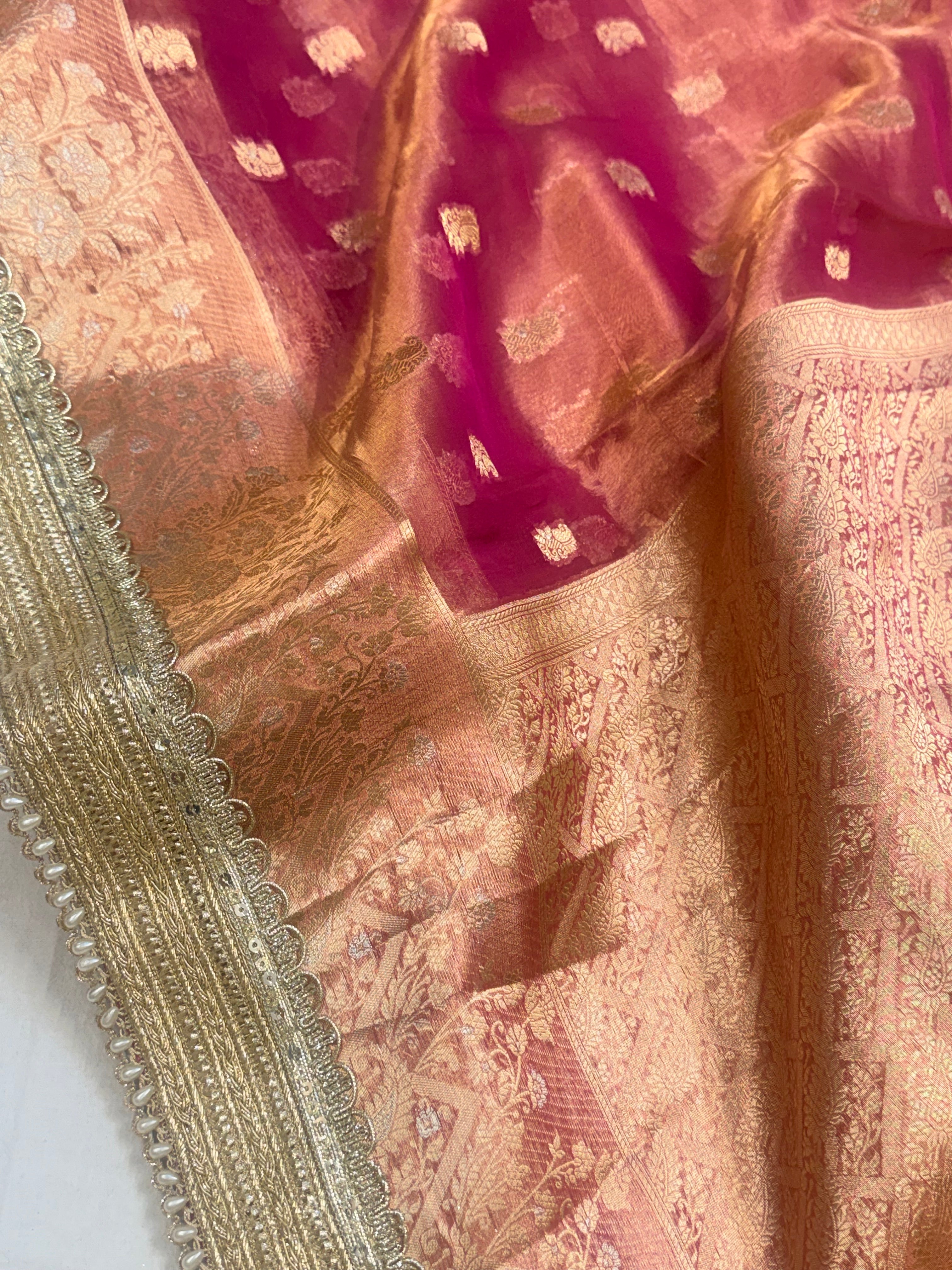 Rani pink tissue silk kadhwa buti gotapatti saree
