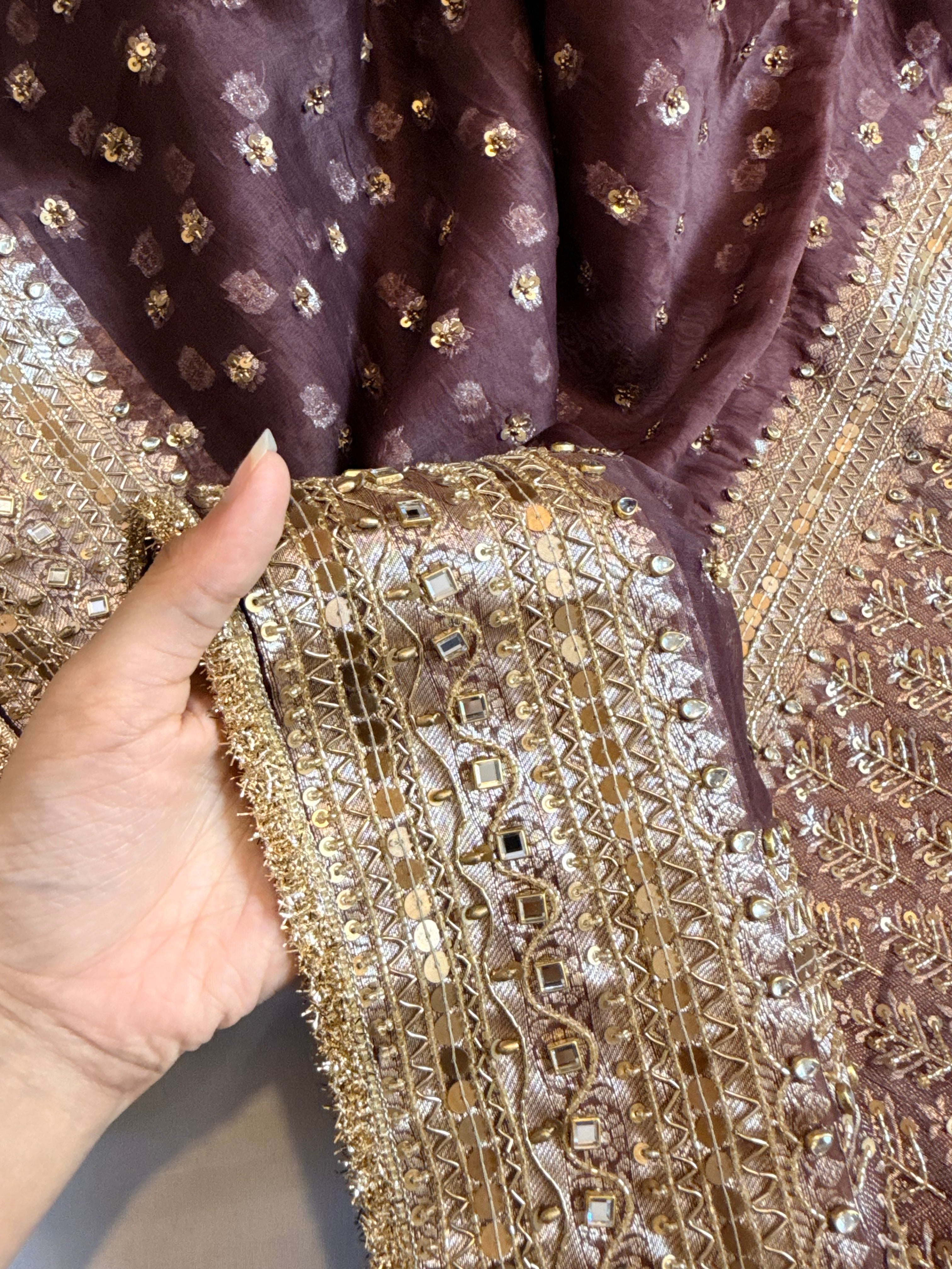 Coffee brown kora silk bollywood inspired antique work hand embroidered saree ( Blouse unstitched)