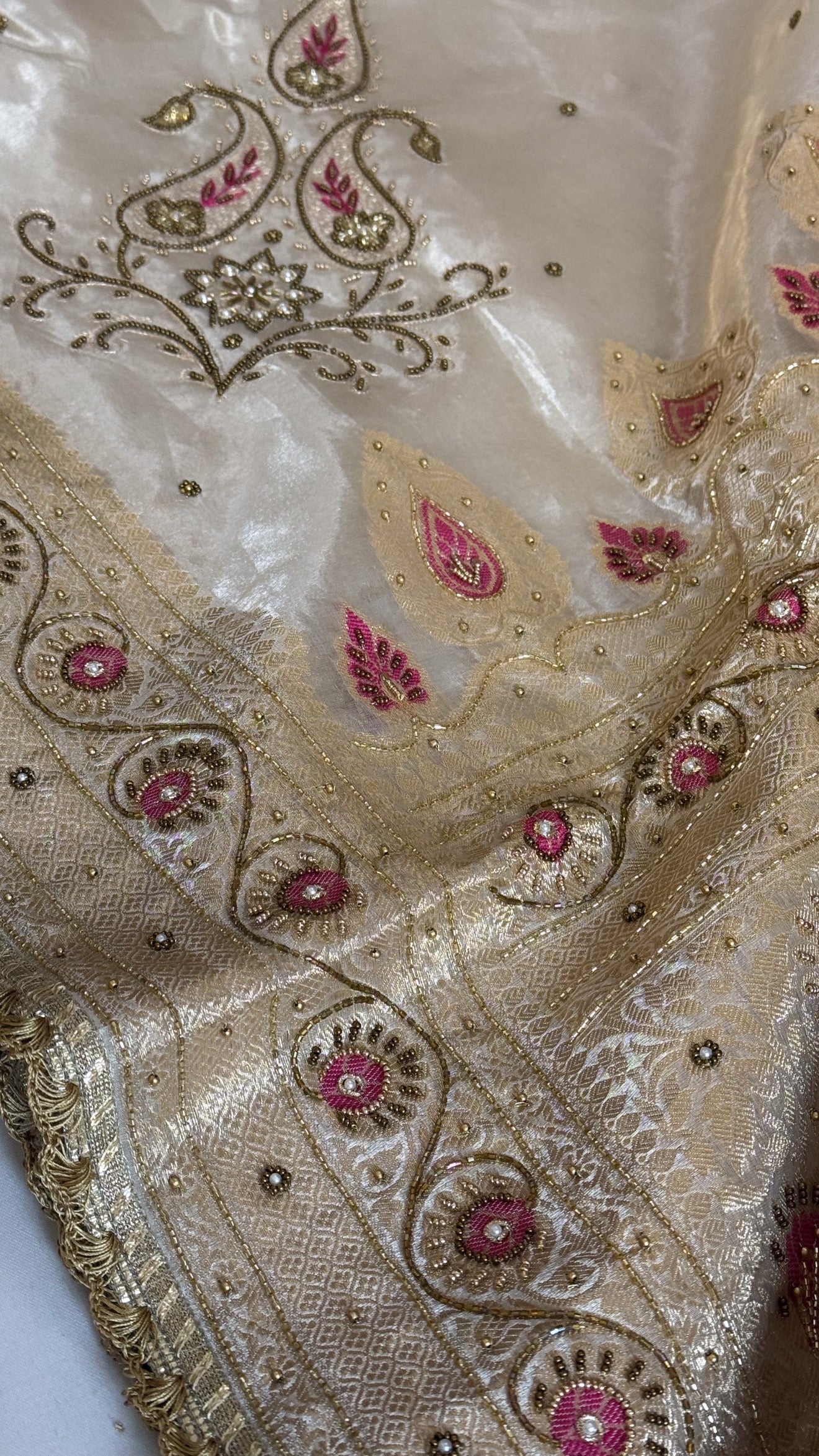 Moonlight silver diamond tissue silk pink meenakari hand embroidered kadhwa saree