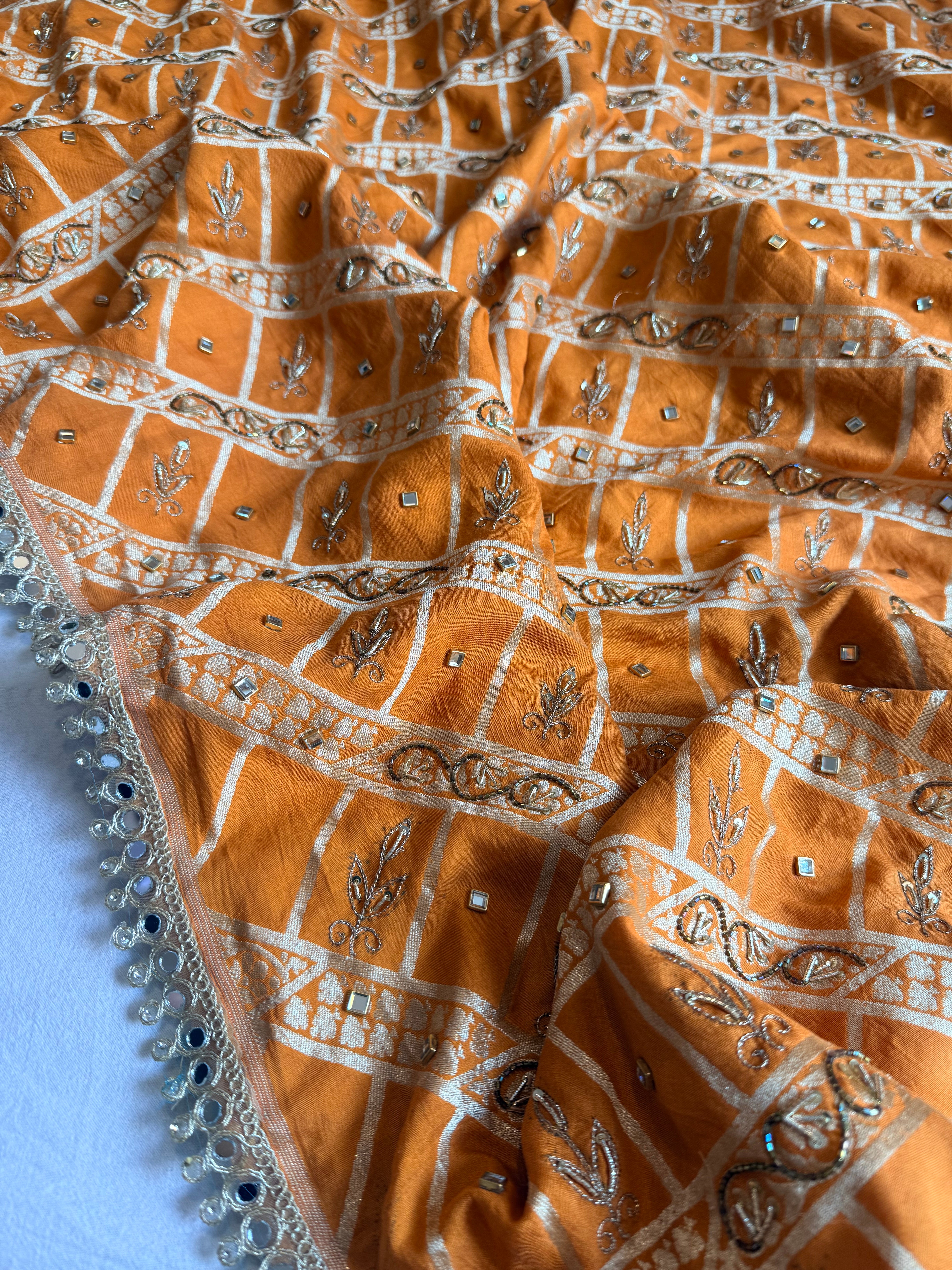 Spun chiniya silk mirrorwork hand embroidered banarasi saree