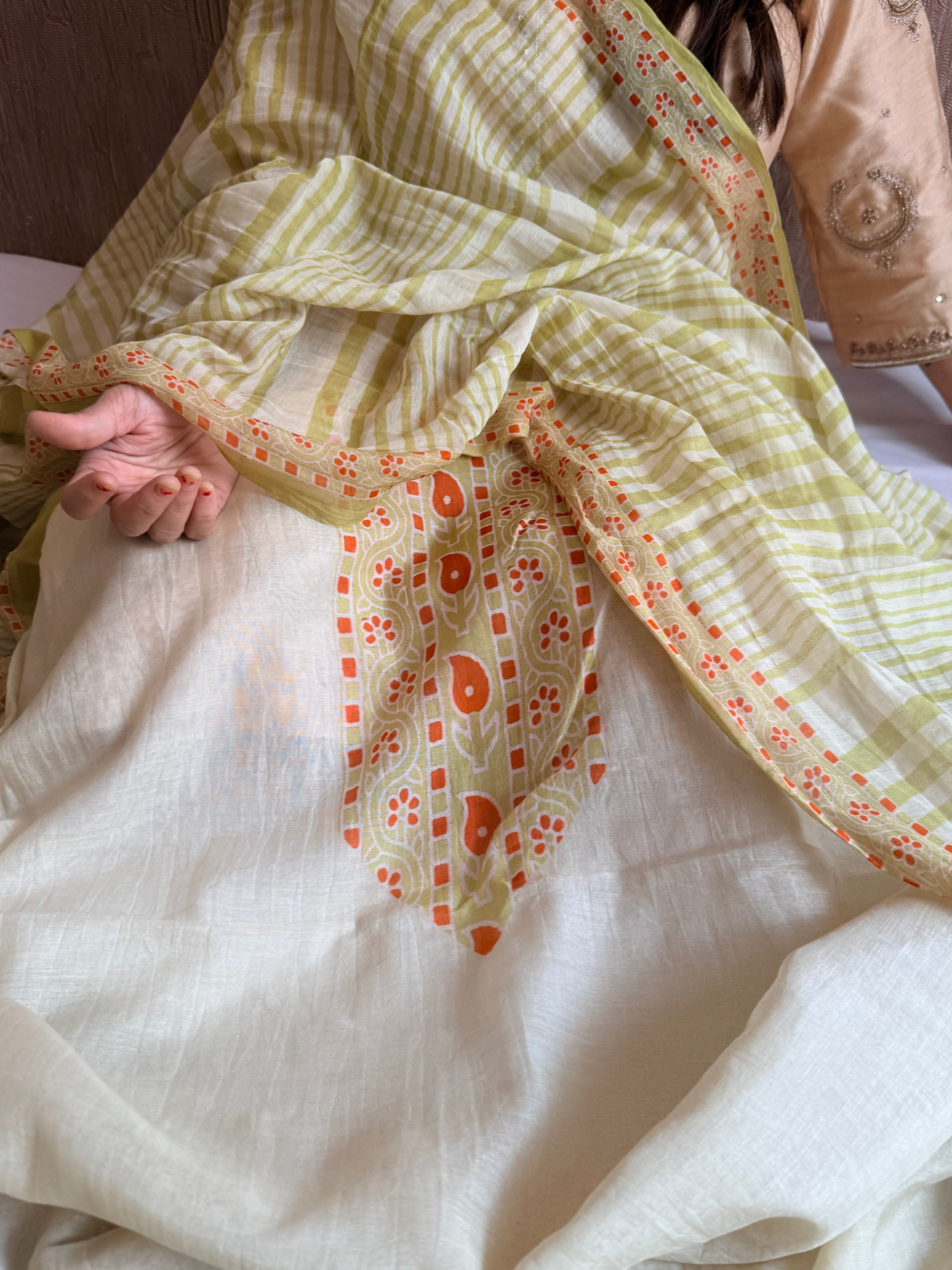 Dusty green mul cotton printed kadhwa weaving suit set