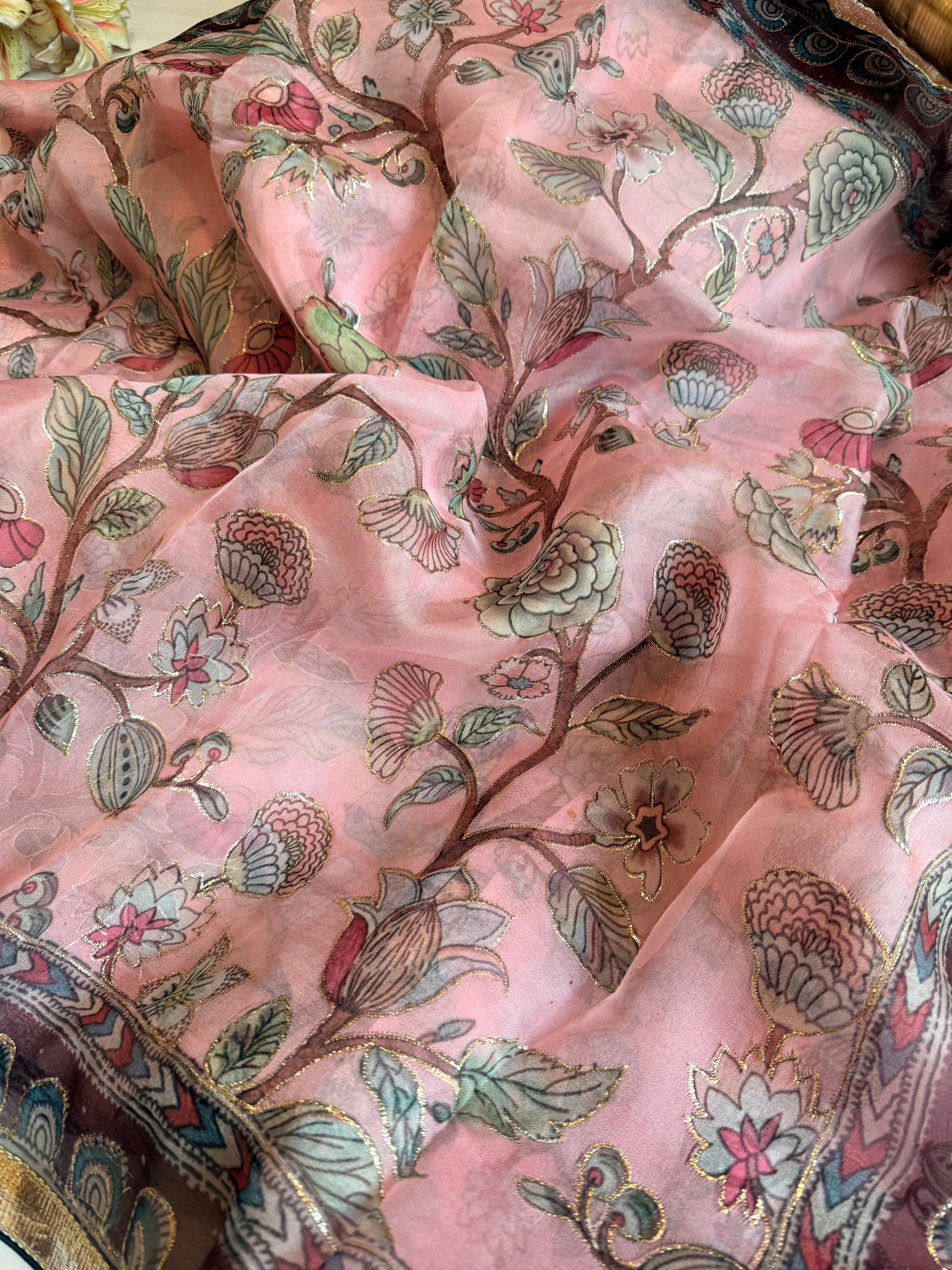 Kora silk printed lampi gotapatti hand embroidered saree