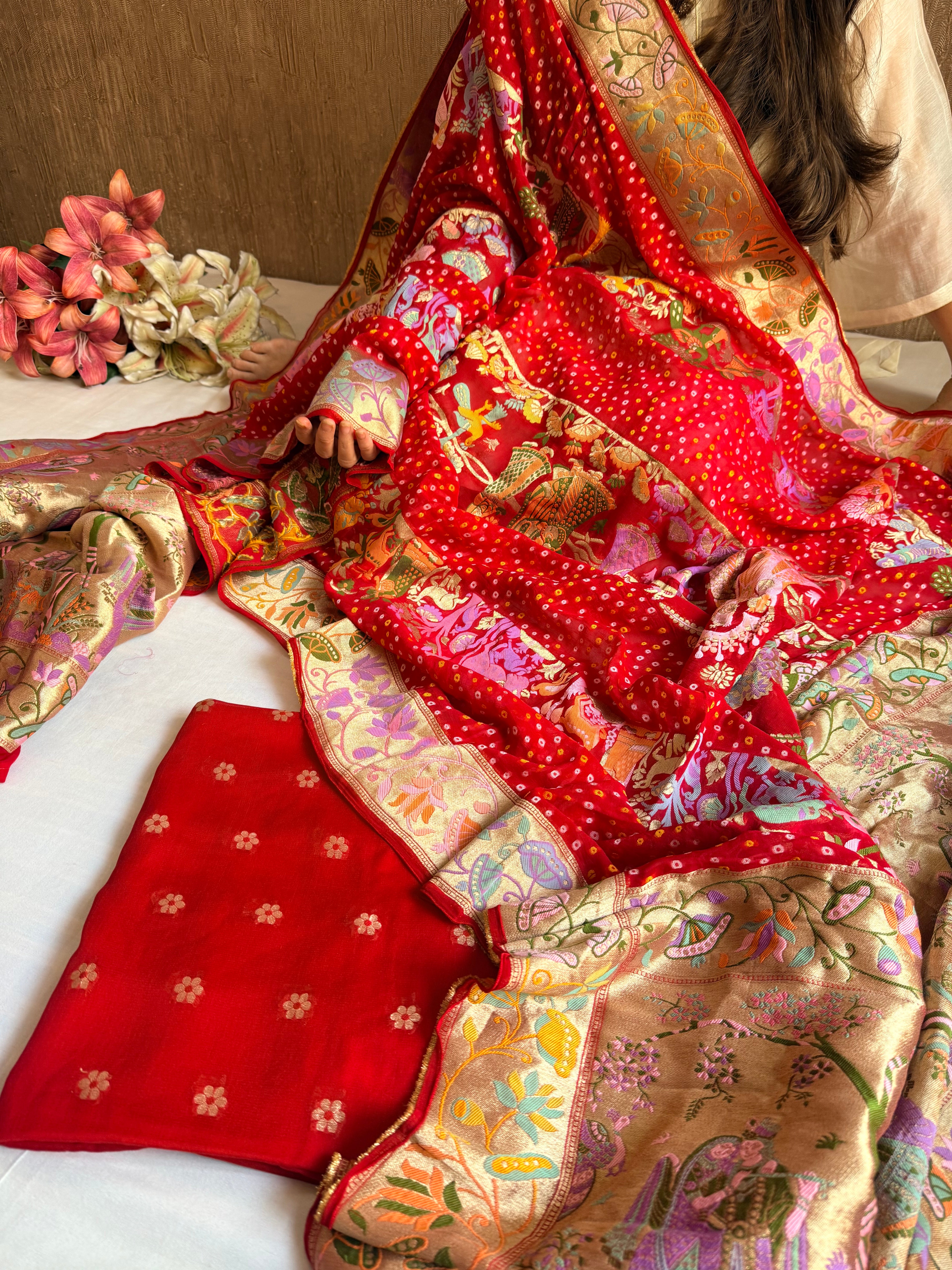 Banarasi rai bandhej radha krishna weaving gorgette kadhwa suit set