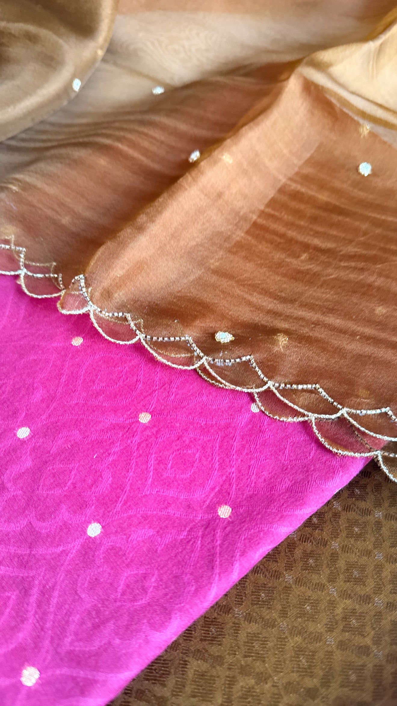 Summer suits under 8k - Mul cotton hot pink pink kurta paired with chocolate scalloped kora silk duppata
