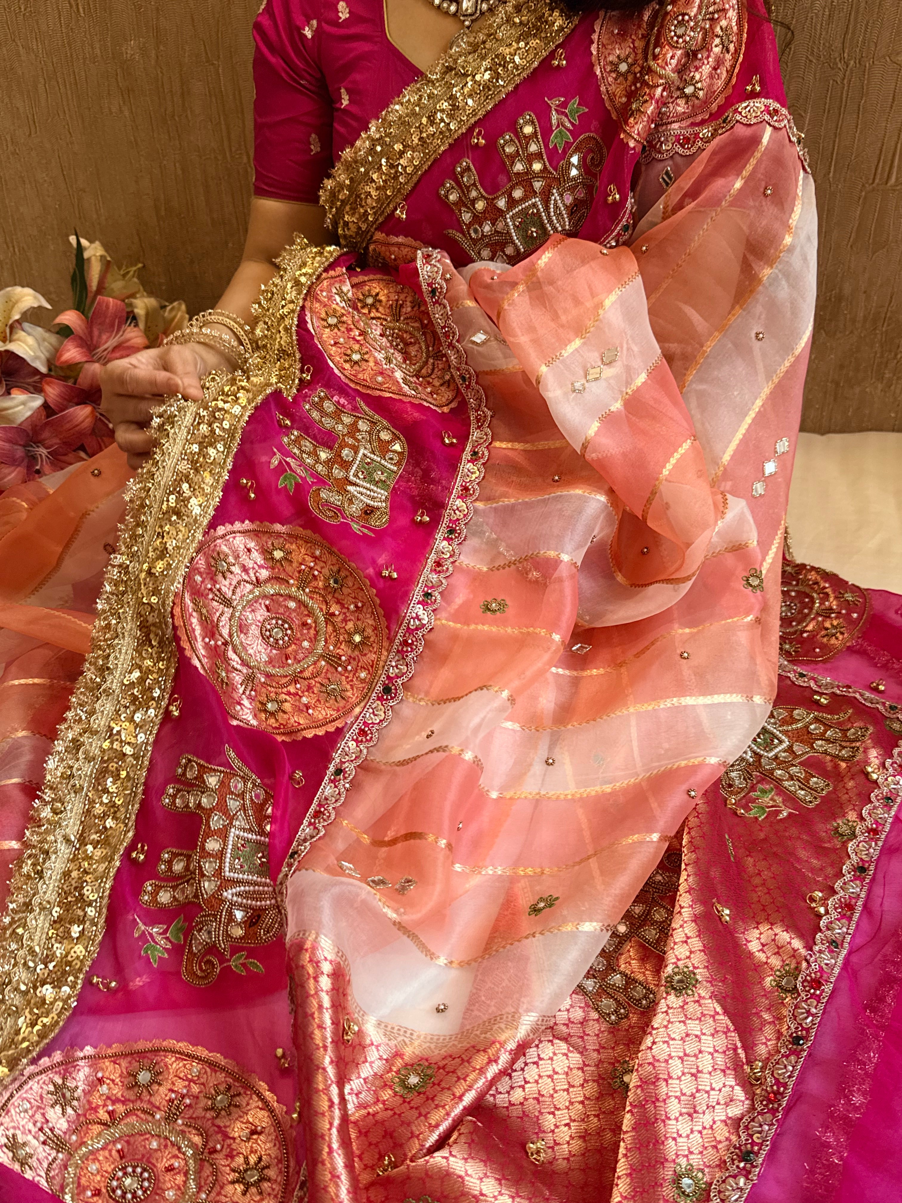 Navratan edit - Gola buti and hathi work hand embroidered kora silk saree