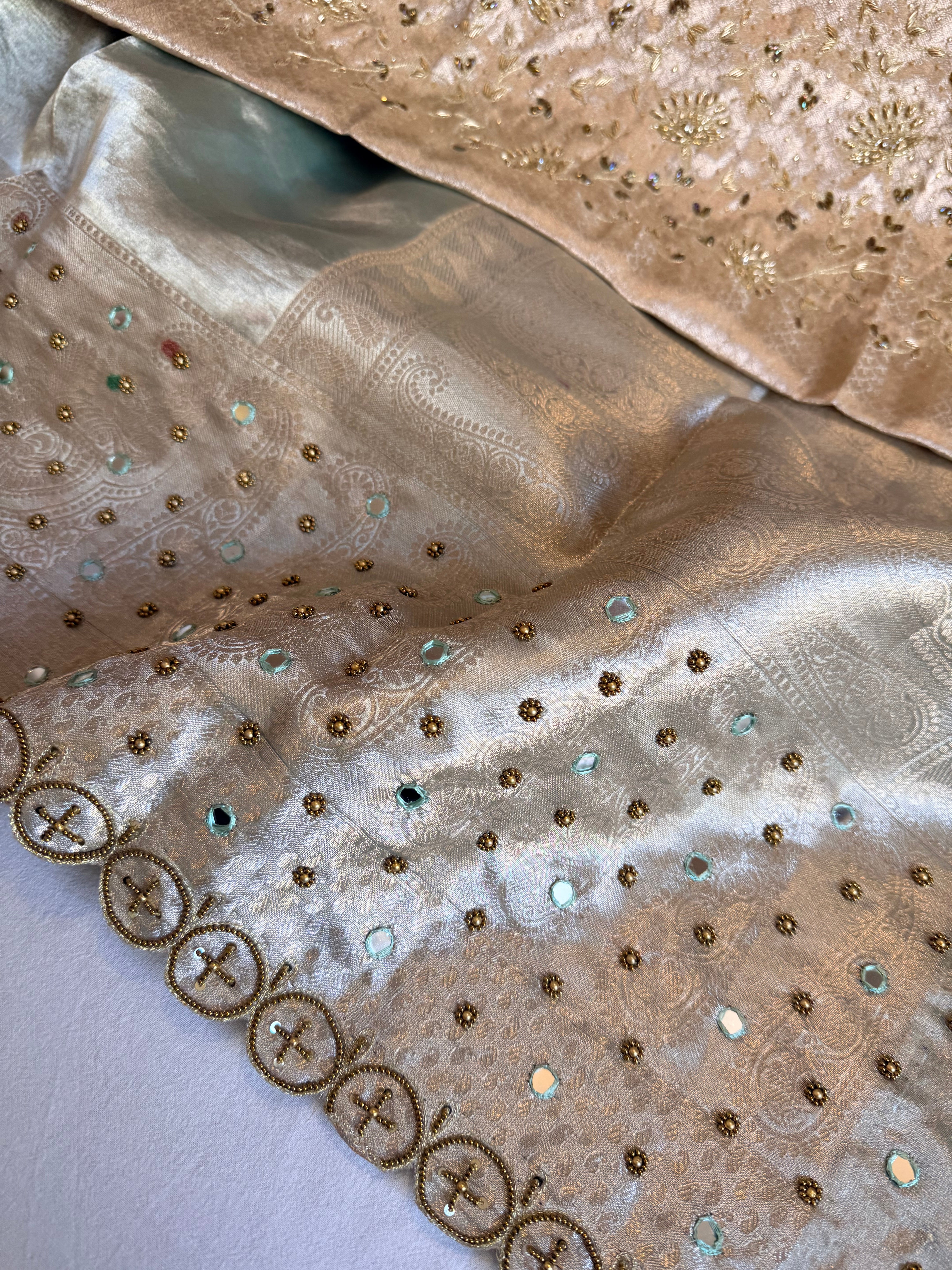 Candy green husn tissue silk hand embroidered kadhwa saree with heavy blouse