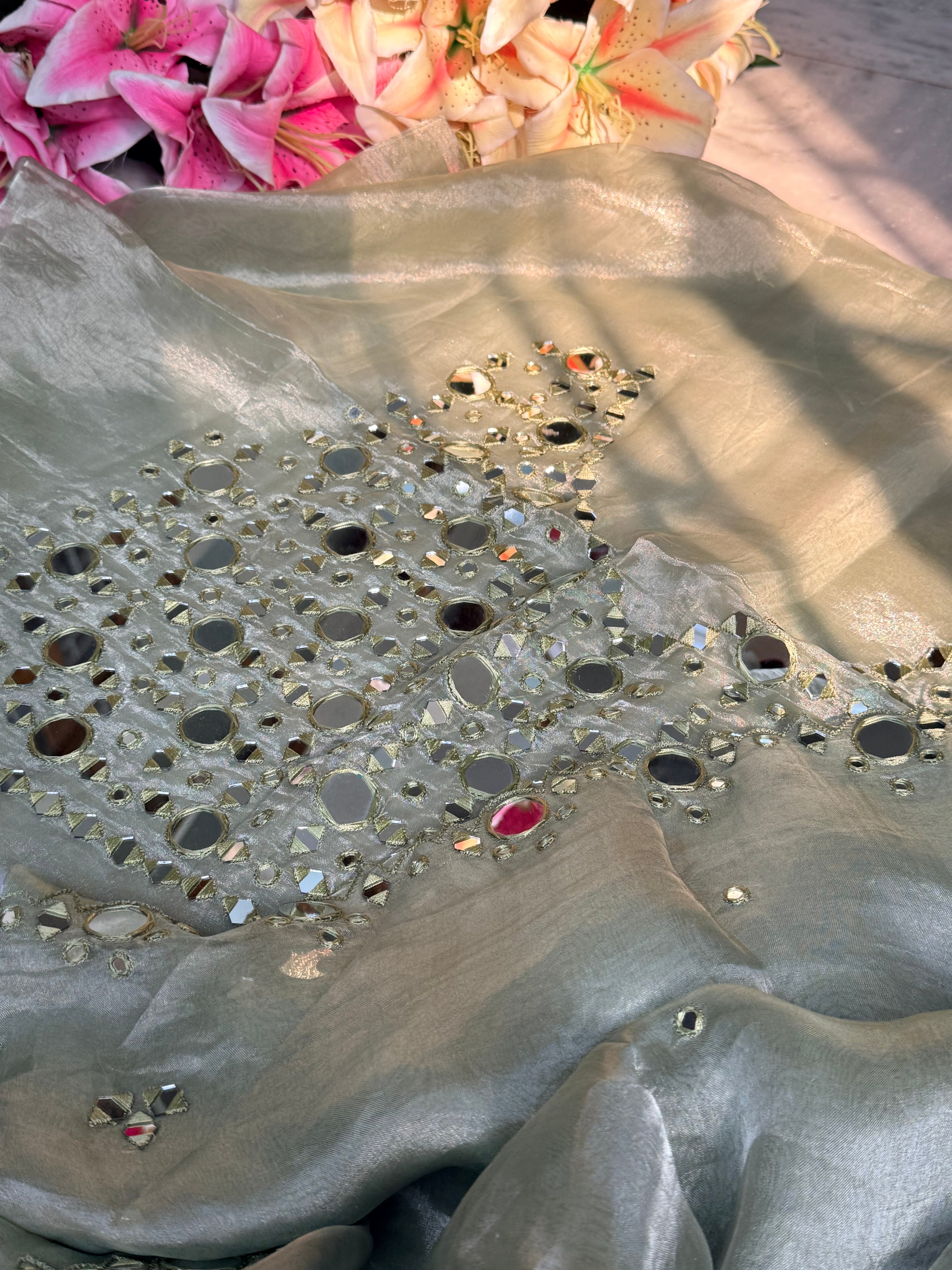 Sheesha wali saree - Mint green tissue silk mirror work hand embroidered saree