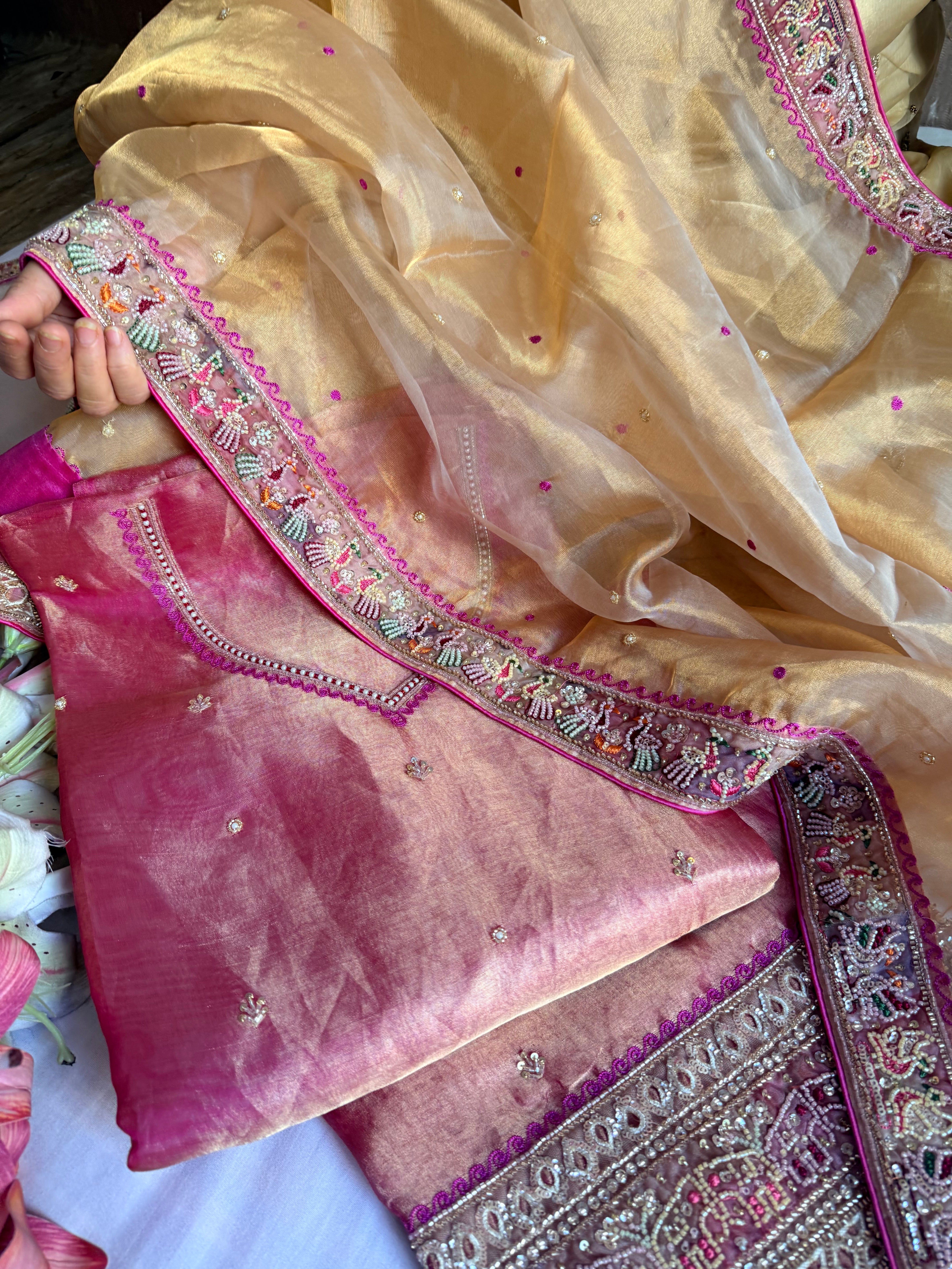 Patola patchwork tissue silk hand embroidered suit sets