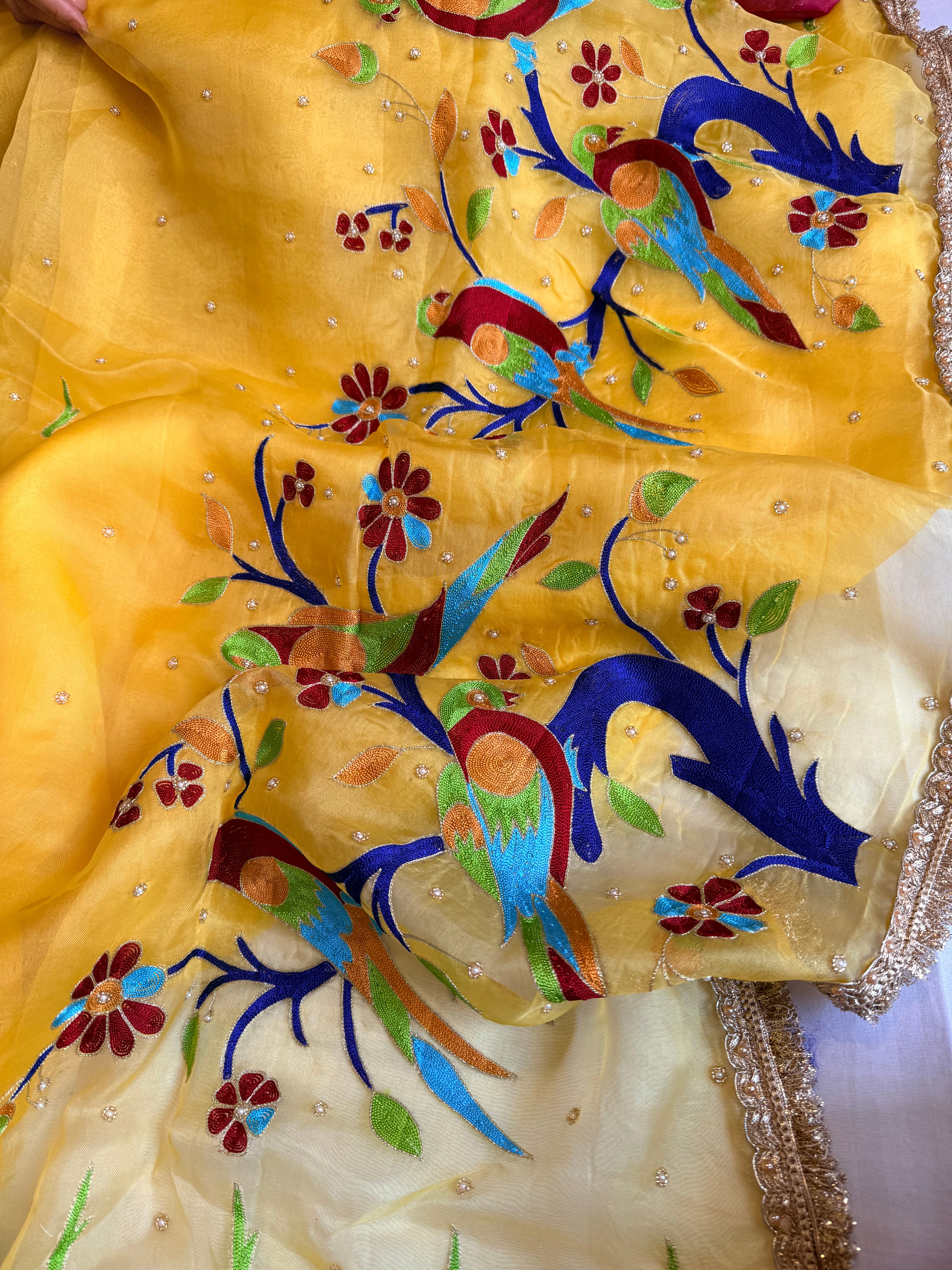 Kora silk golden yellow paithani hand embroidered meenakari saree
