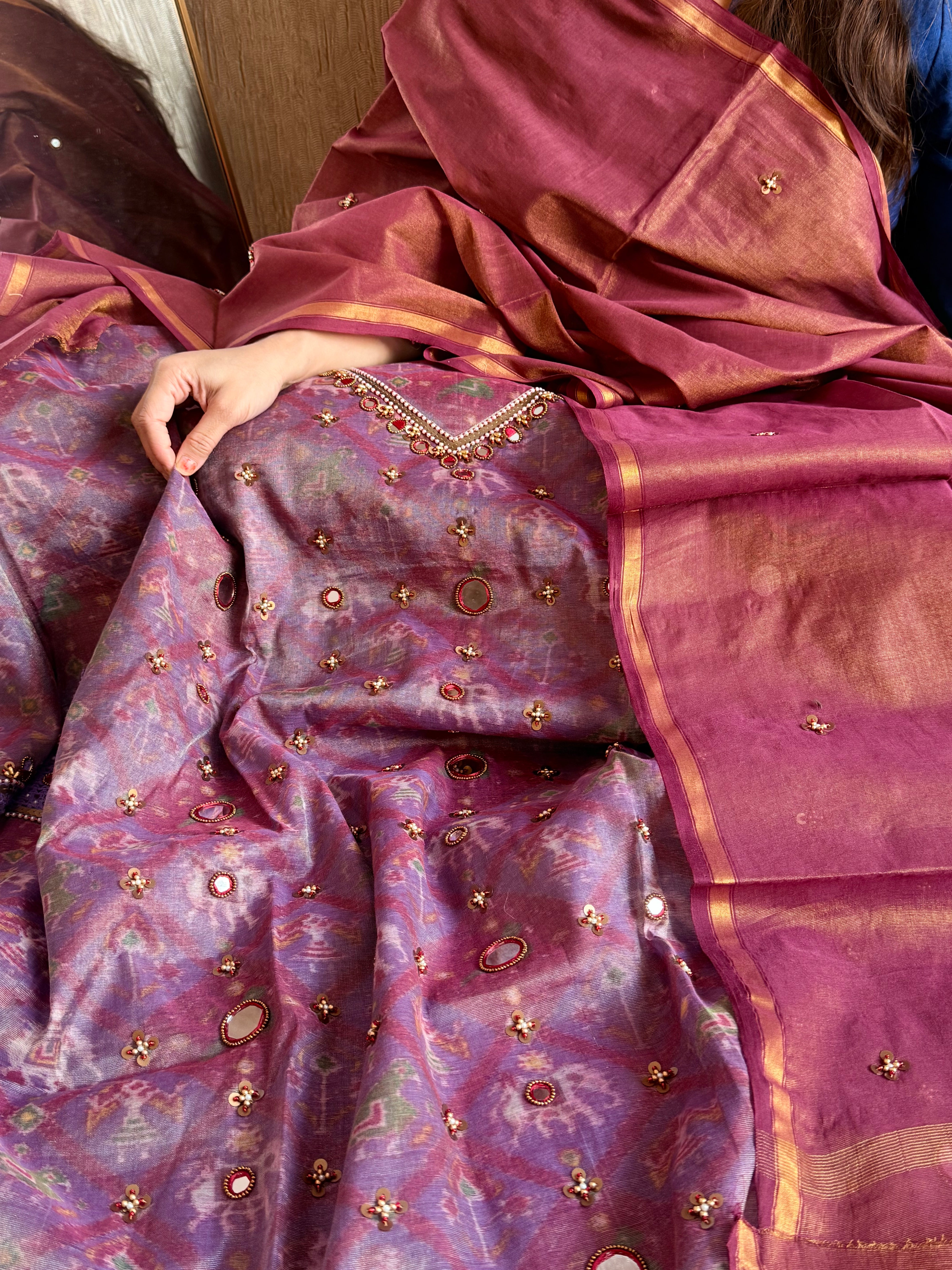 Patola weaving hand embroidered mul cotton tissue suit sets