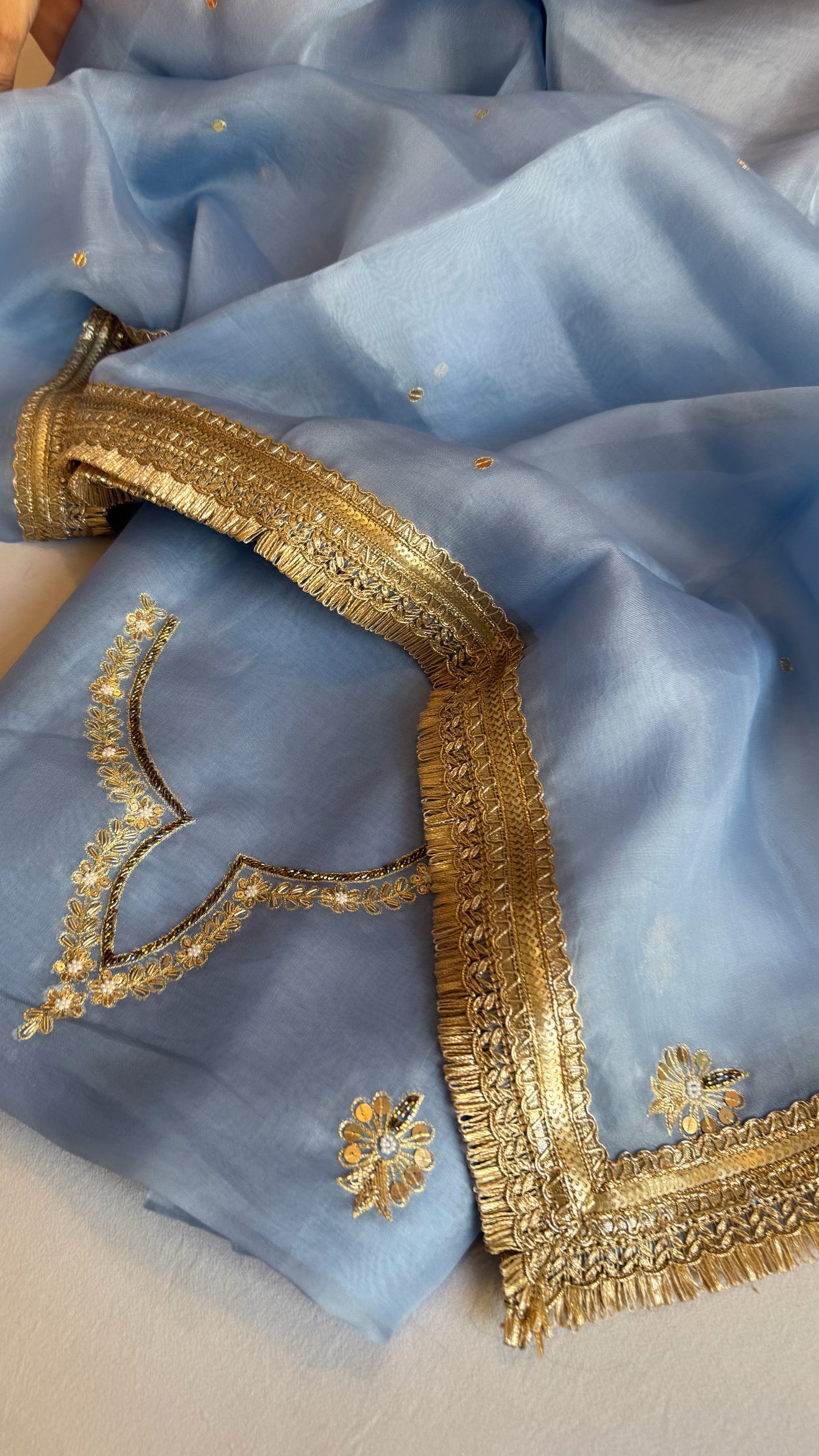 Aari and tilli hand embroidered kora silk water blue kadhwa suit set