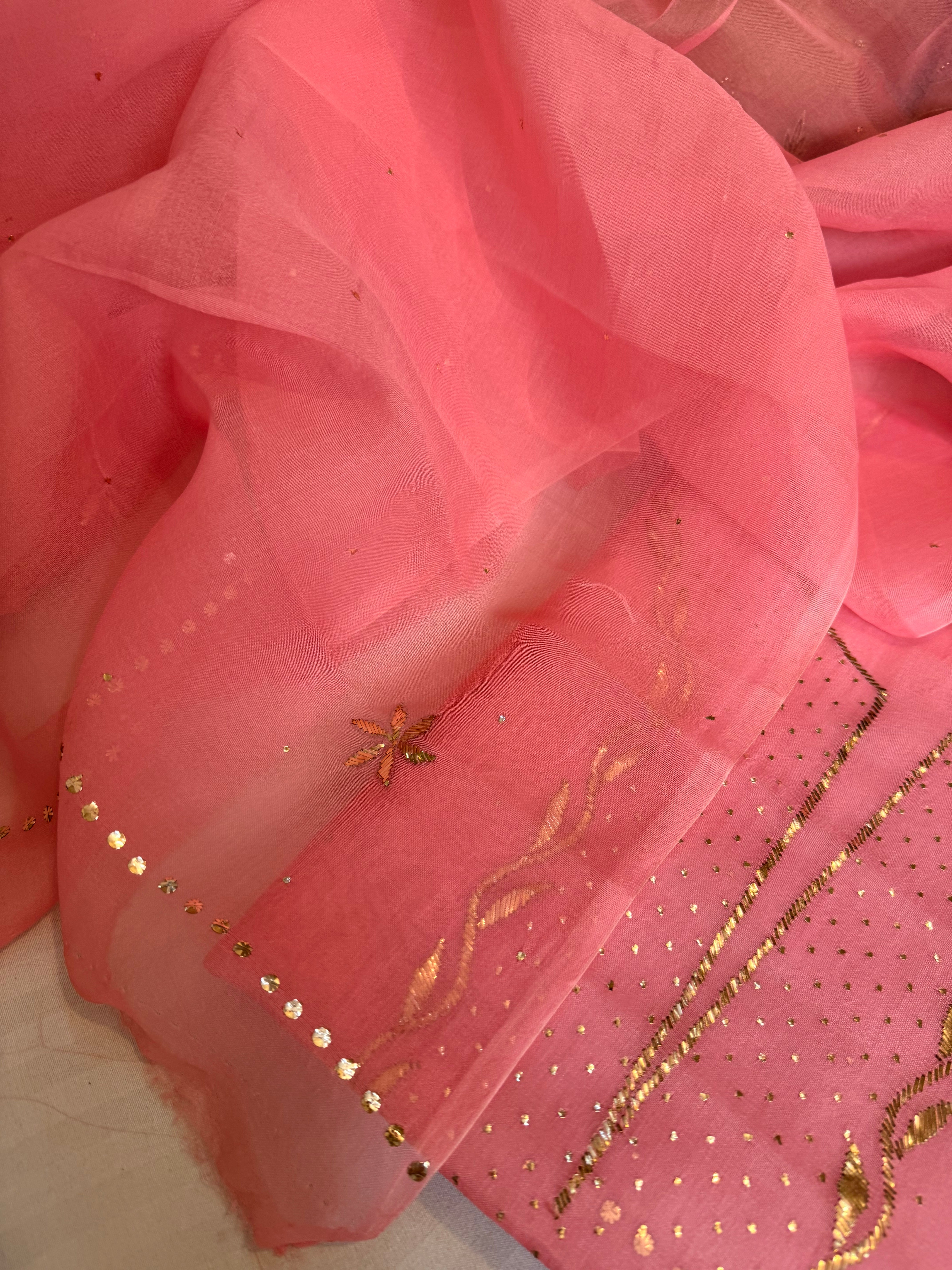 Banarasi peach 60gm kora silk mukaish work hand embroidered suit set