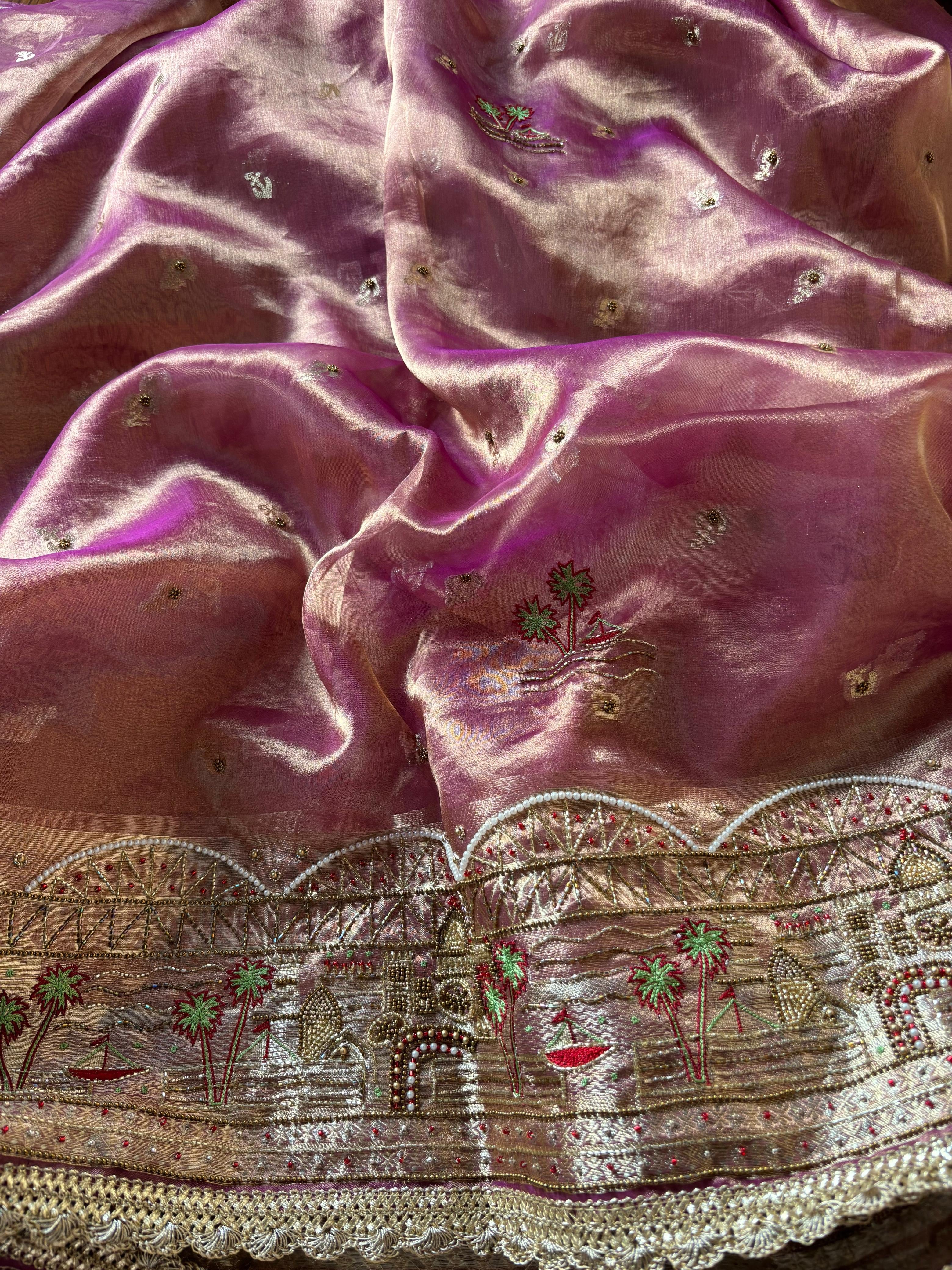 Gangakinare edit lotus purple tissue silk hand embroidered kadhwa saree