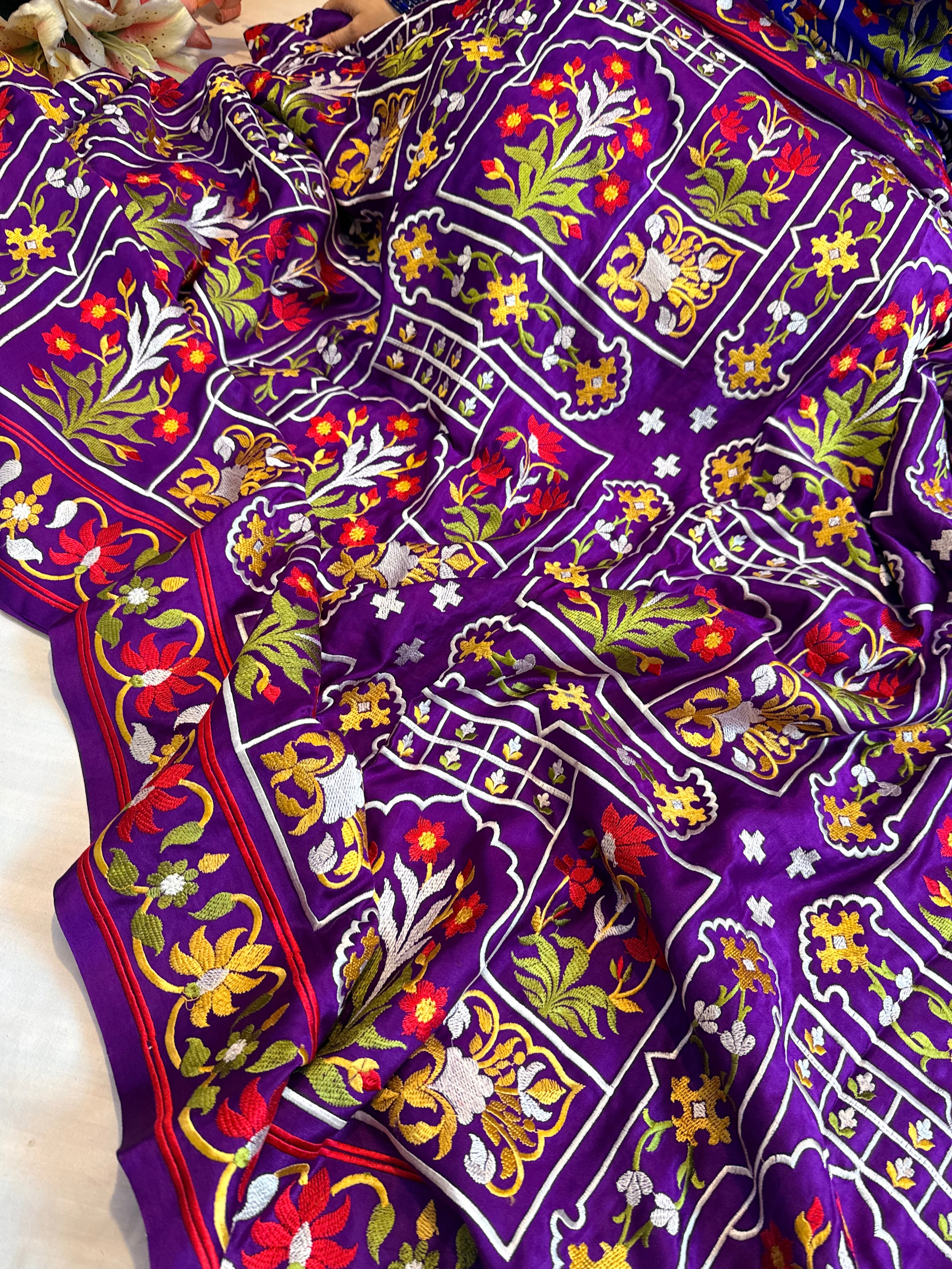 Jamdani hand embroidered purple mashru silk thread embroidered saree