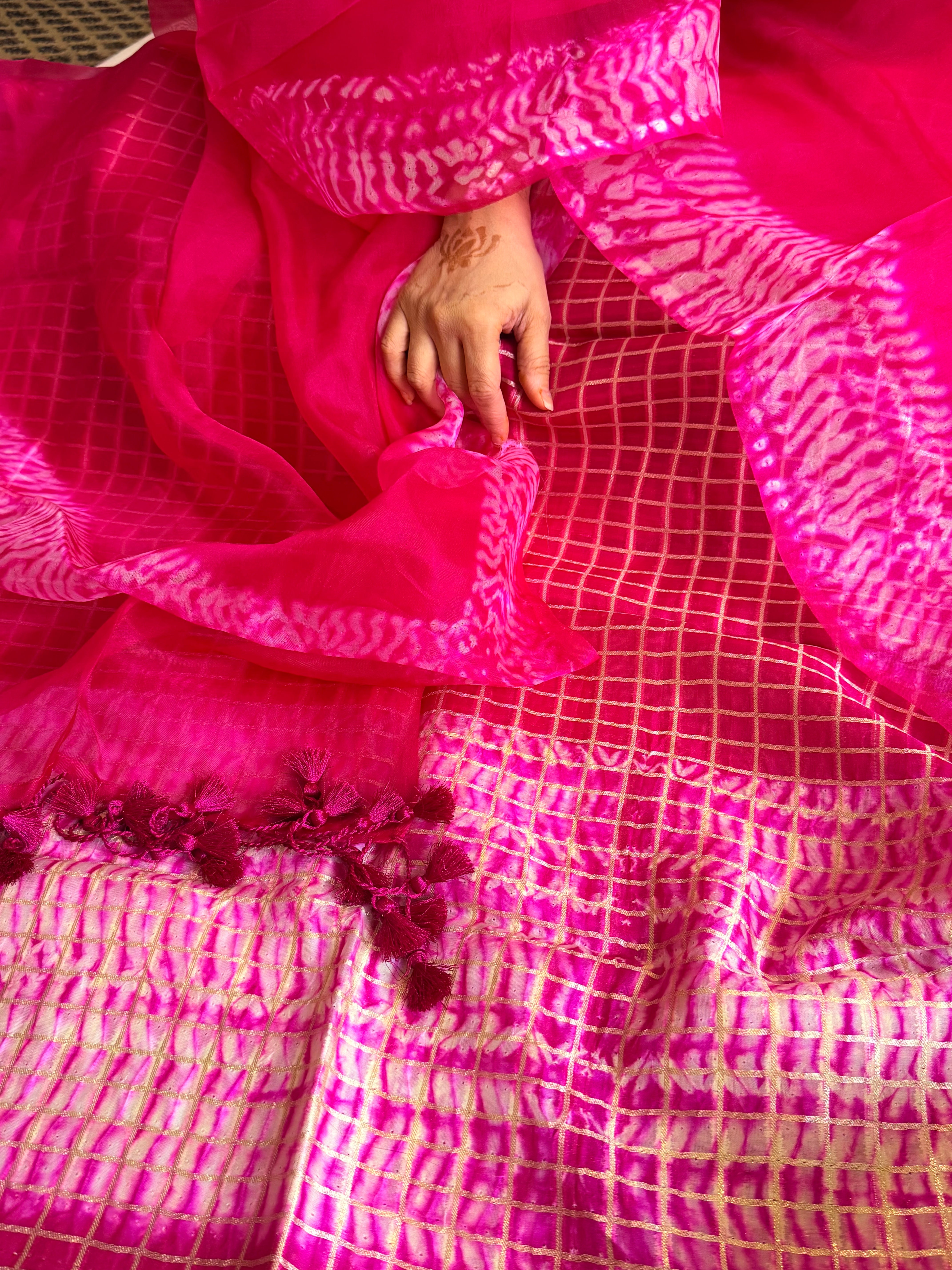 Hot pink banarasi blue kora silk shibori dye kadhwa suit set
