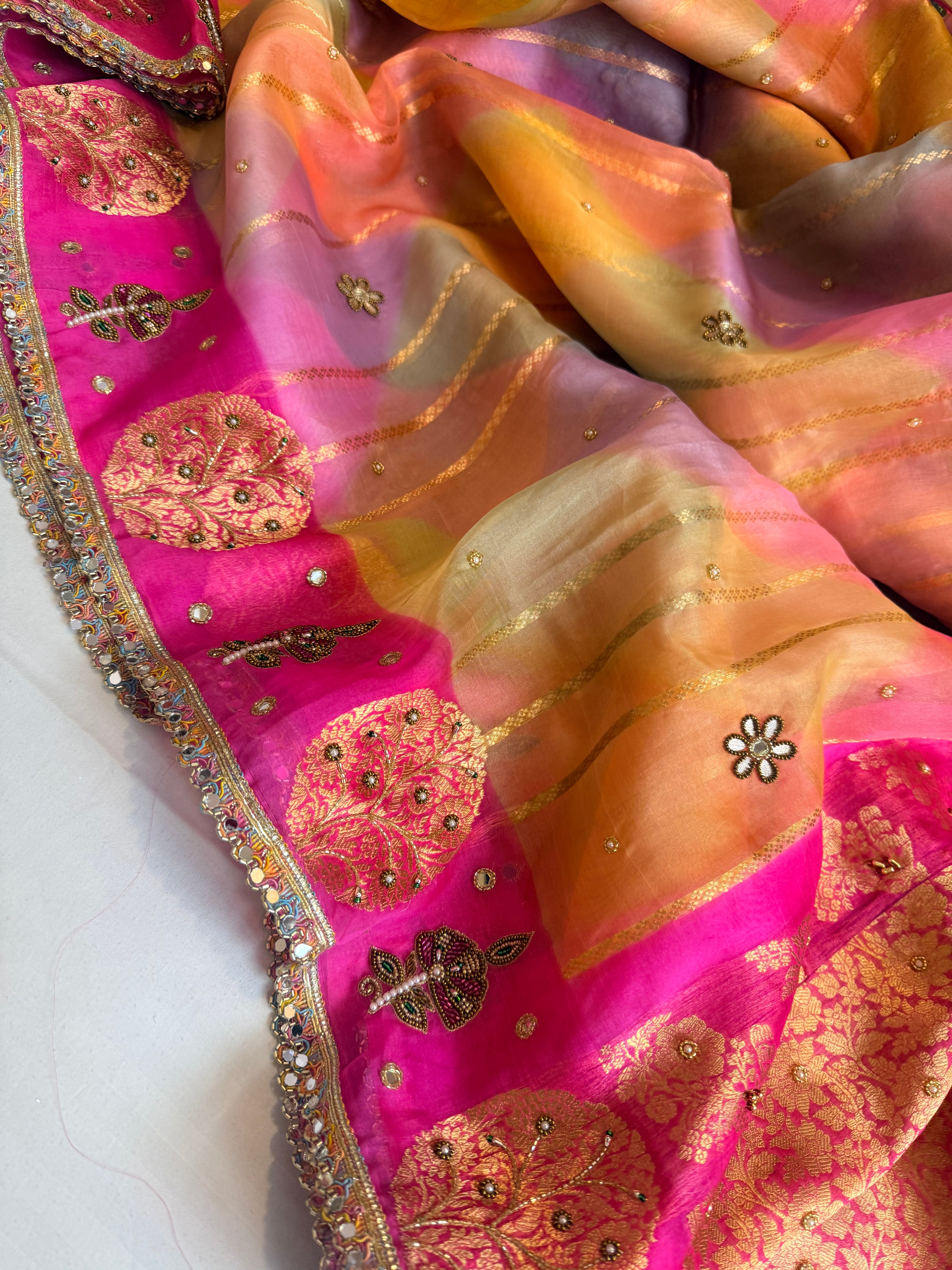 Gulab ka ras - Kora silk rangkaat weaving hand embroidered zubieda inspired saree