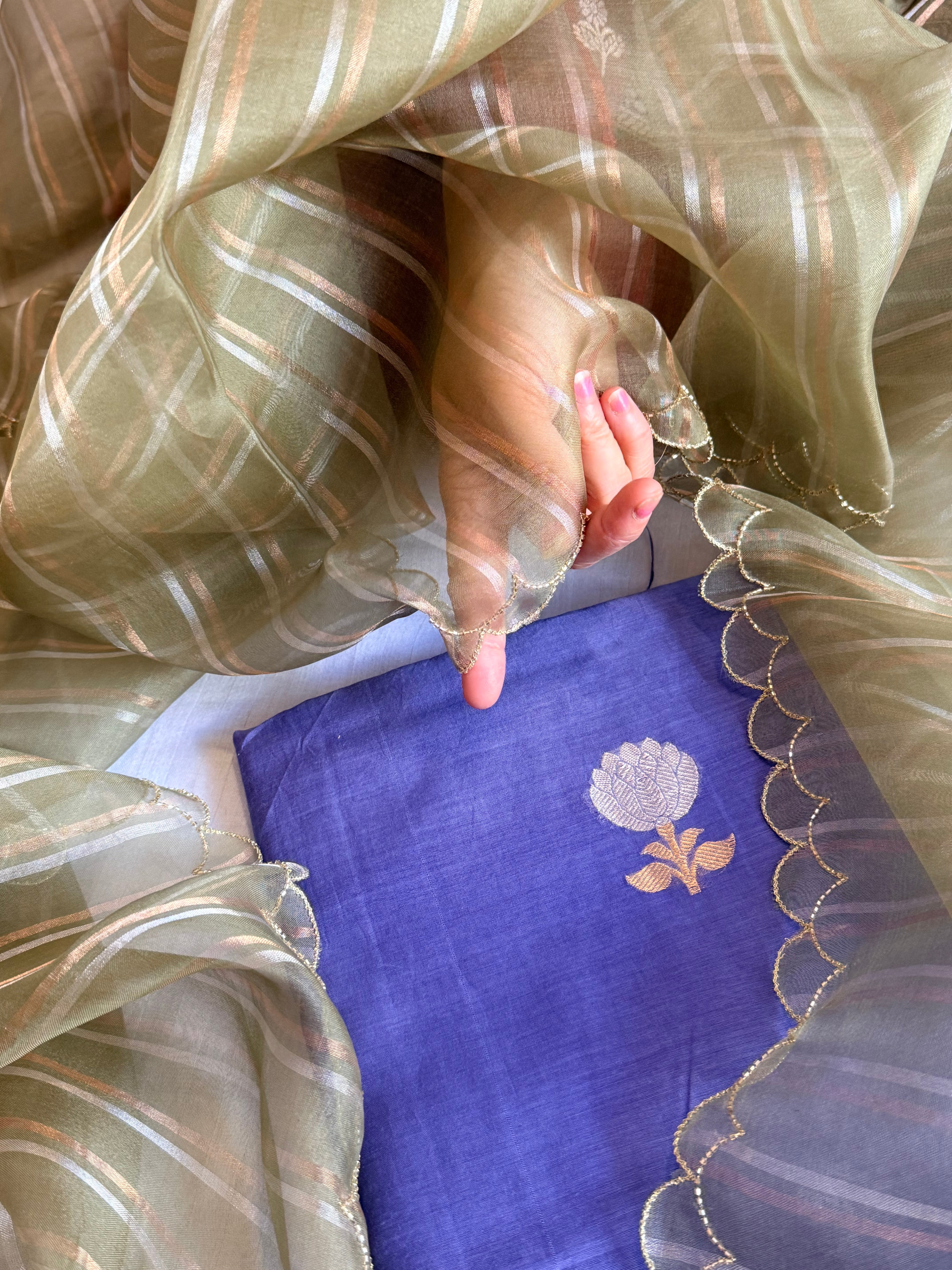 Handloom cotton sona rupa kurta paired with kora silk scalloped duppata set