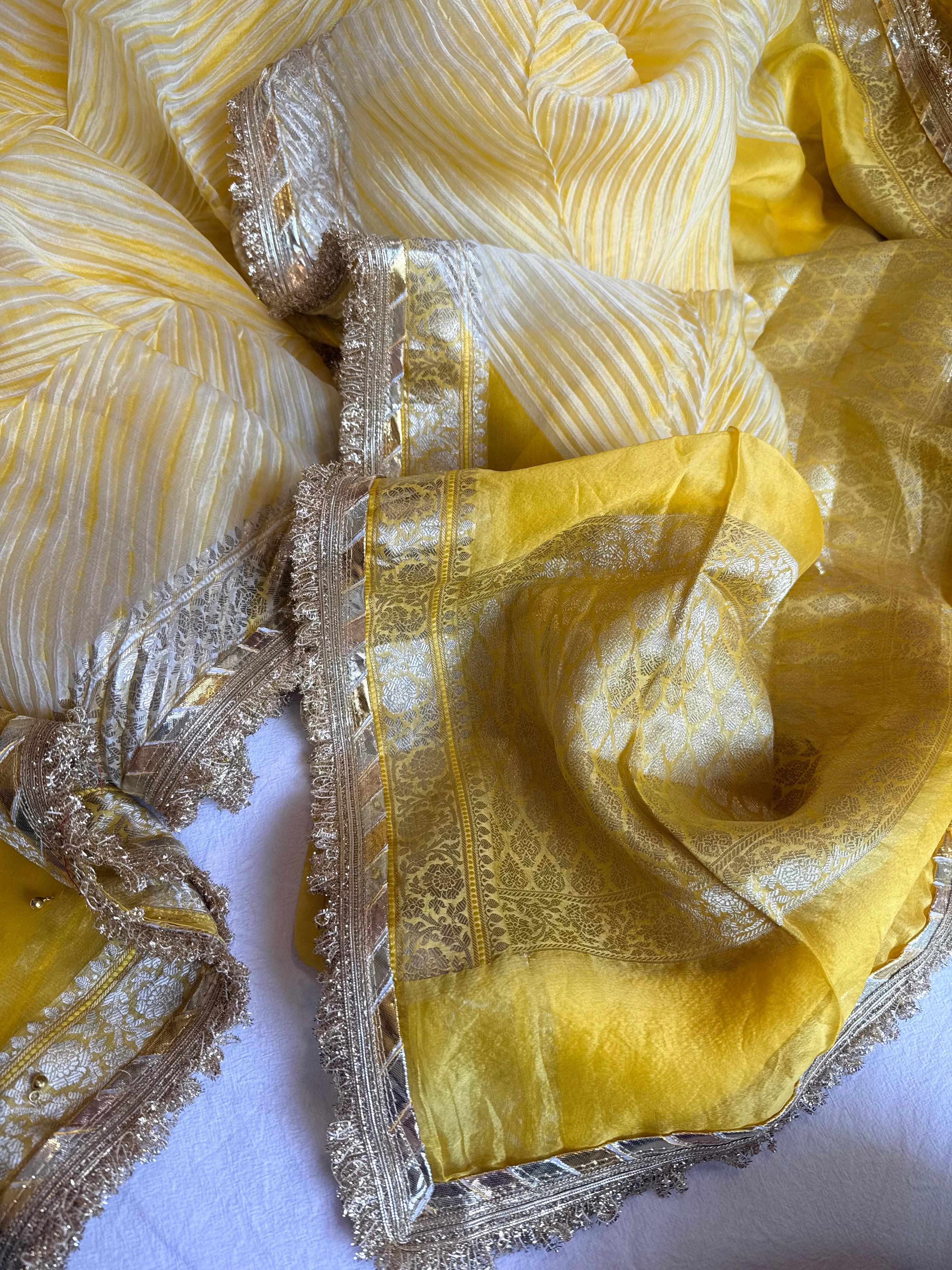 Arshi dye ghungro work kora silk banarasi kadhwa weaving saree