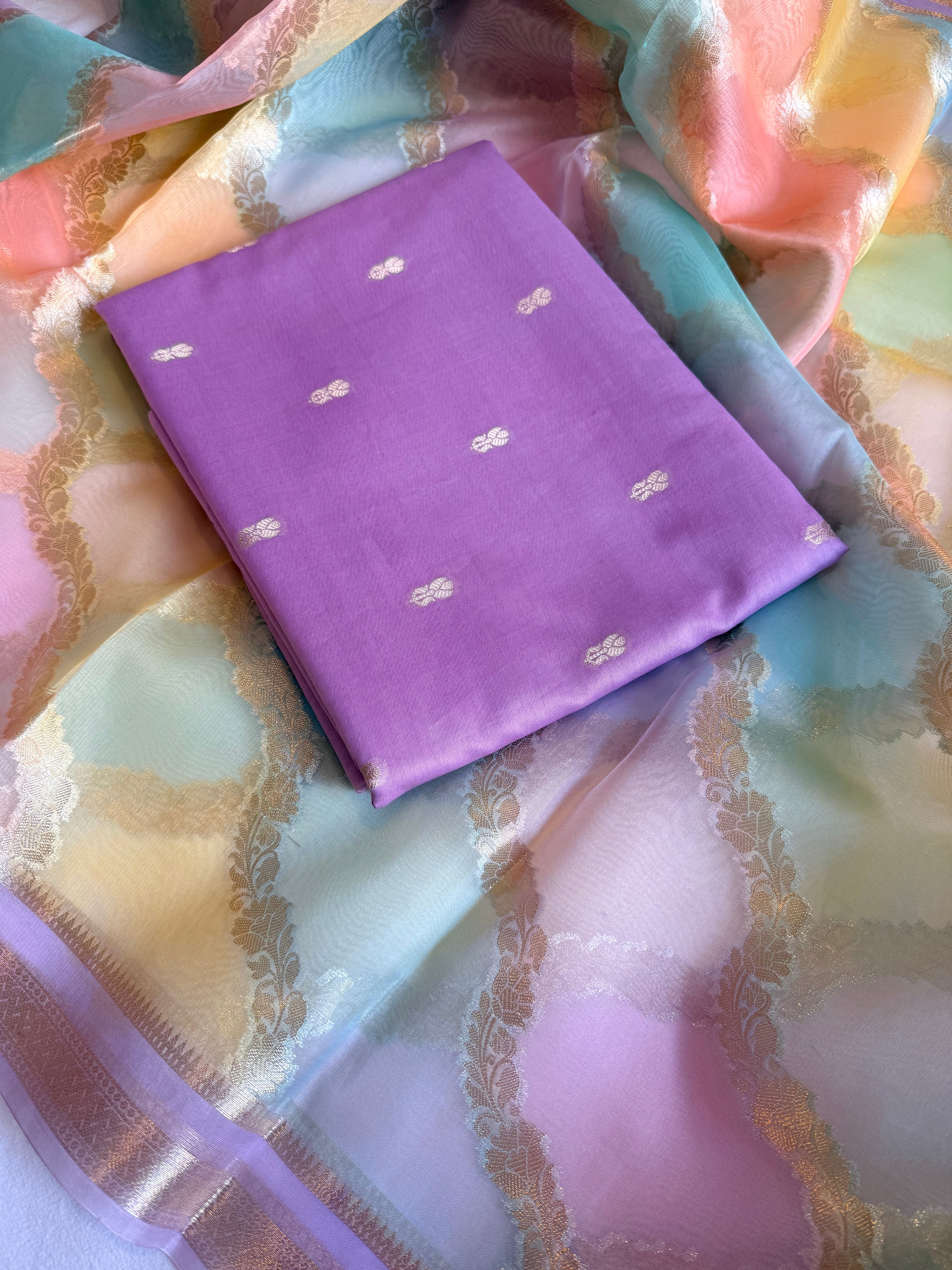 Banarasi chiniya silk kurta paired with candy colours rangkaat kora silk duppata