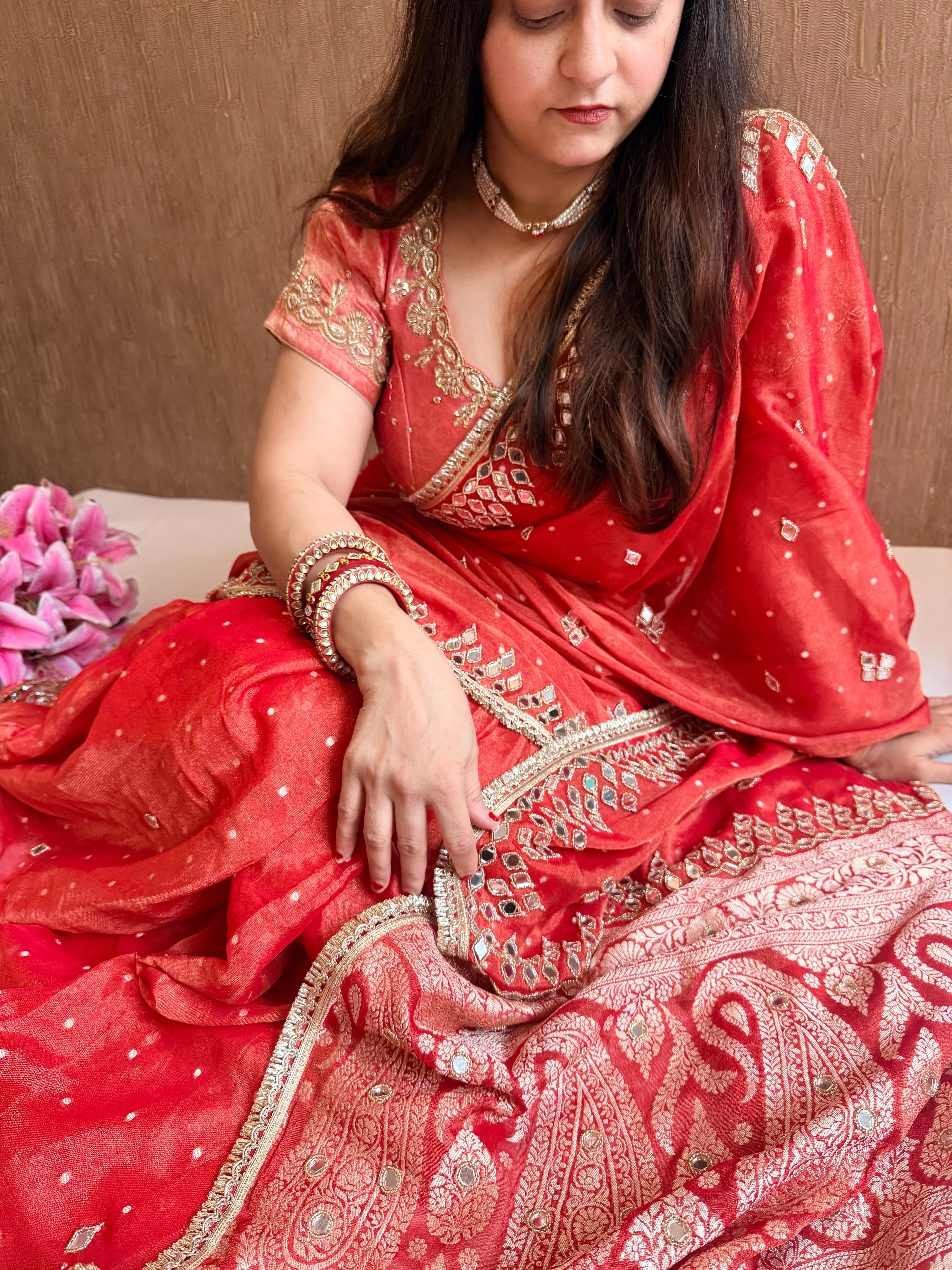 Rust red tissue gorgette mirror work hand embroidered saree