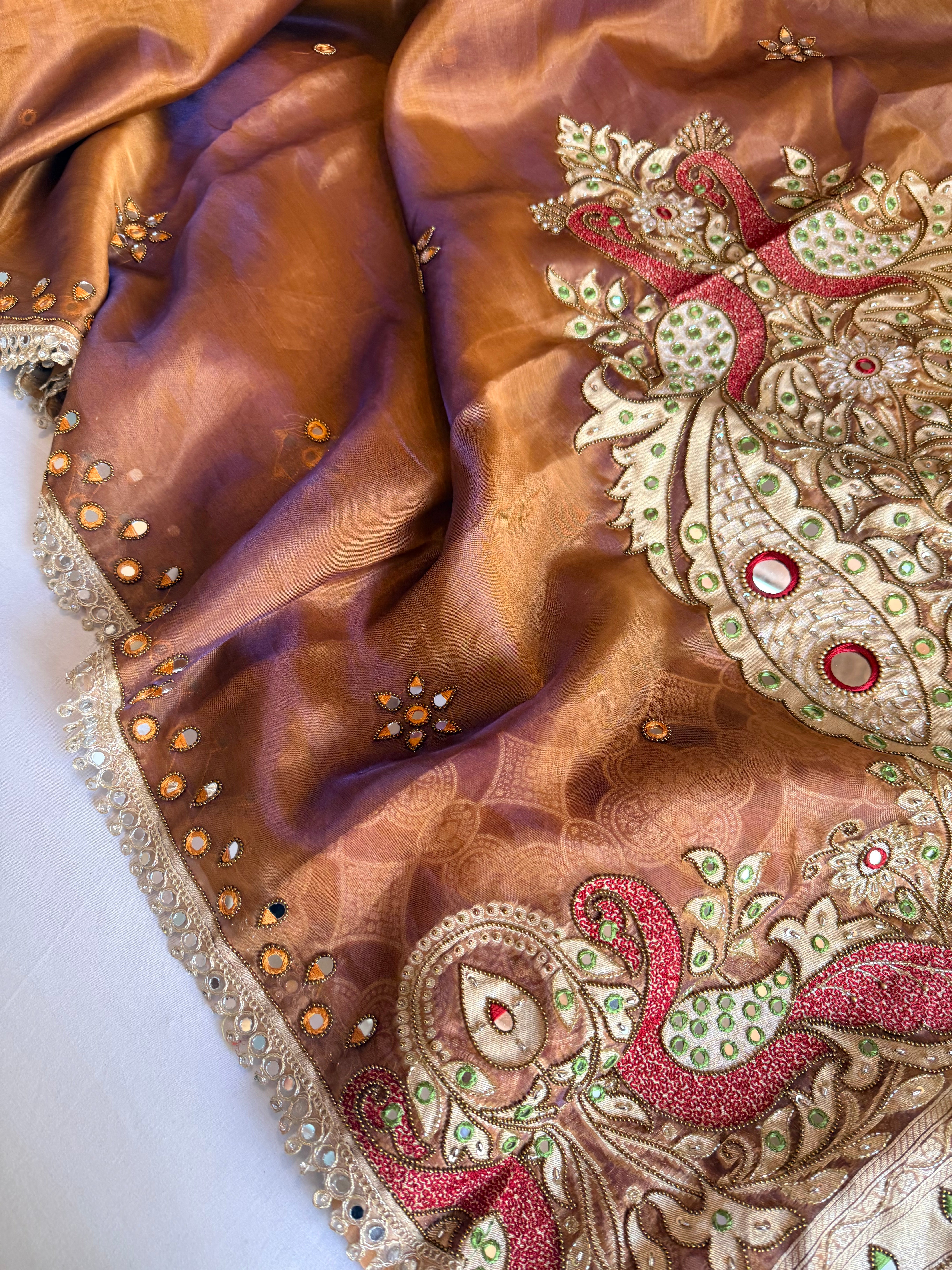 Dhup chao effect tissue silk mirrorwork hand embroidered Paithani pallu kadhwa saree