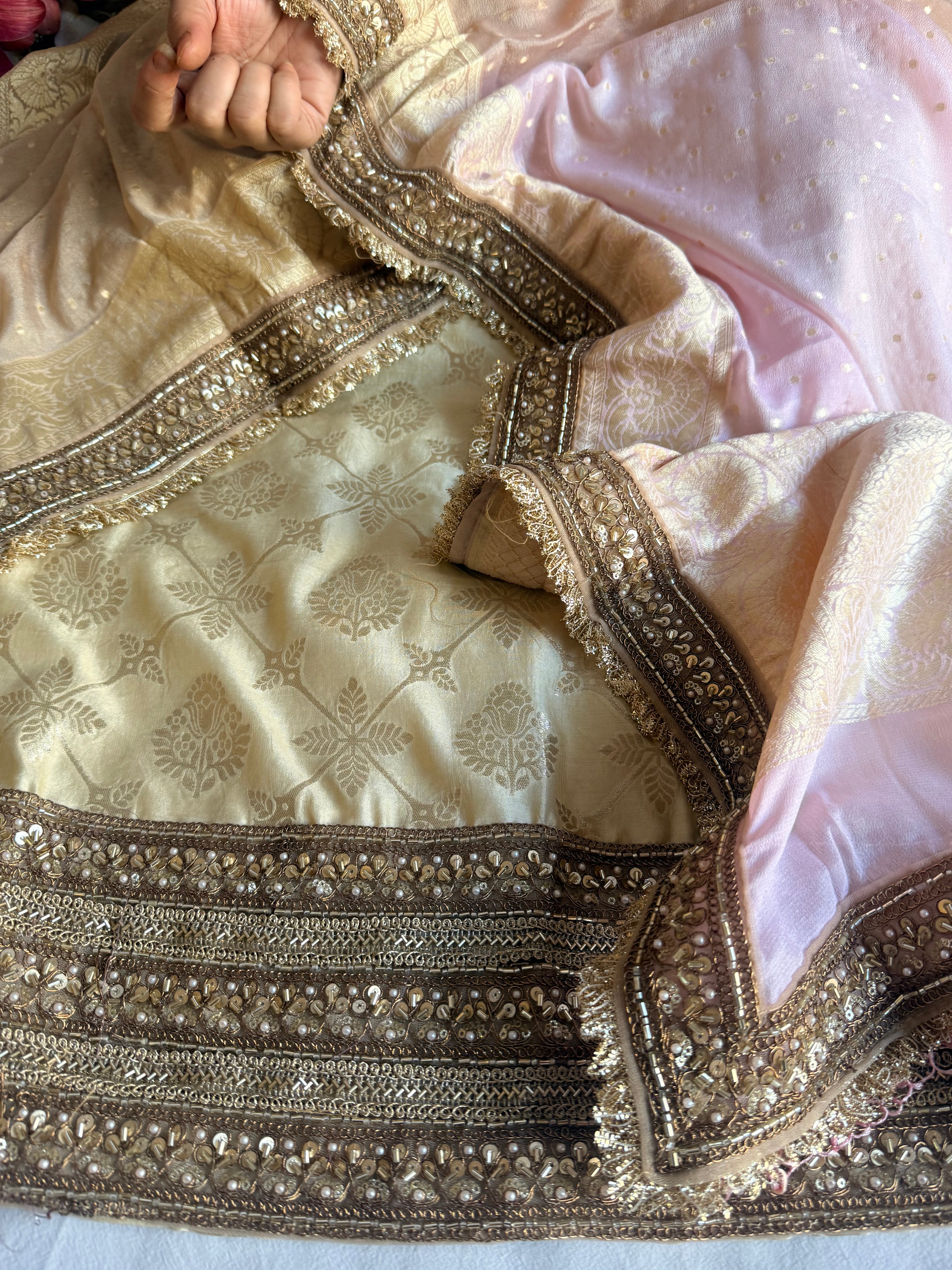 Shaded moonga silk zardozi work hand embroidered kadhwa suit sets