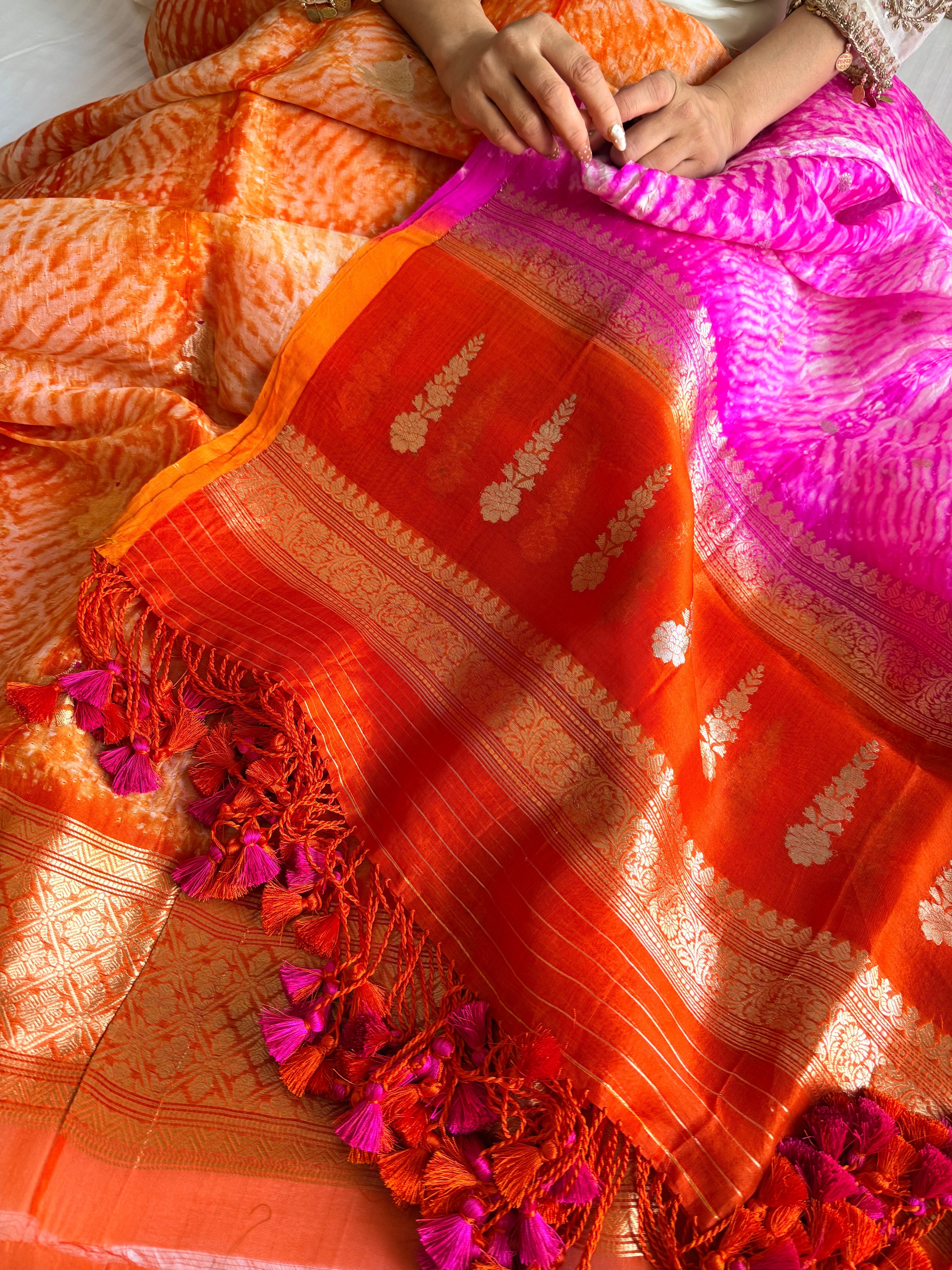 Shibori dye banarasi kora silk rani-orange kadhwa buti suit set