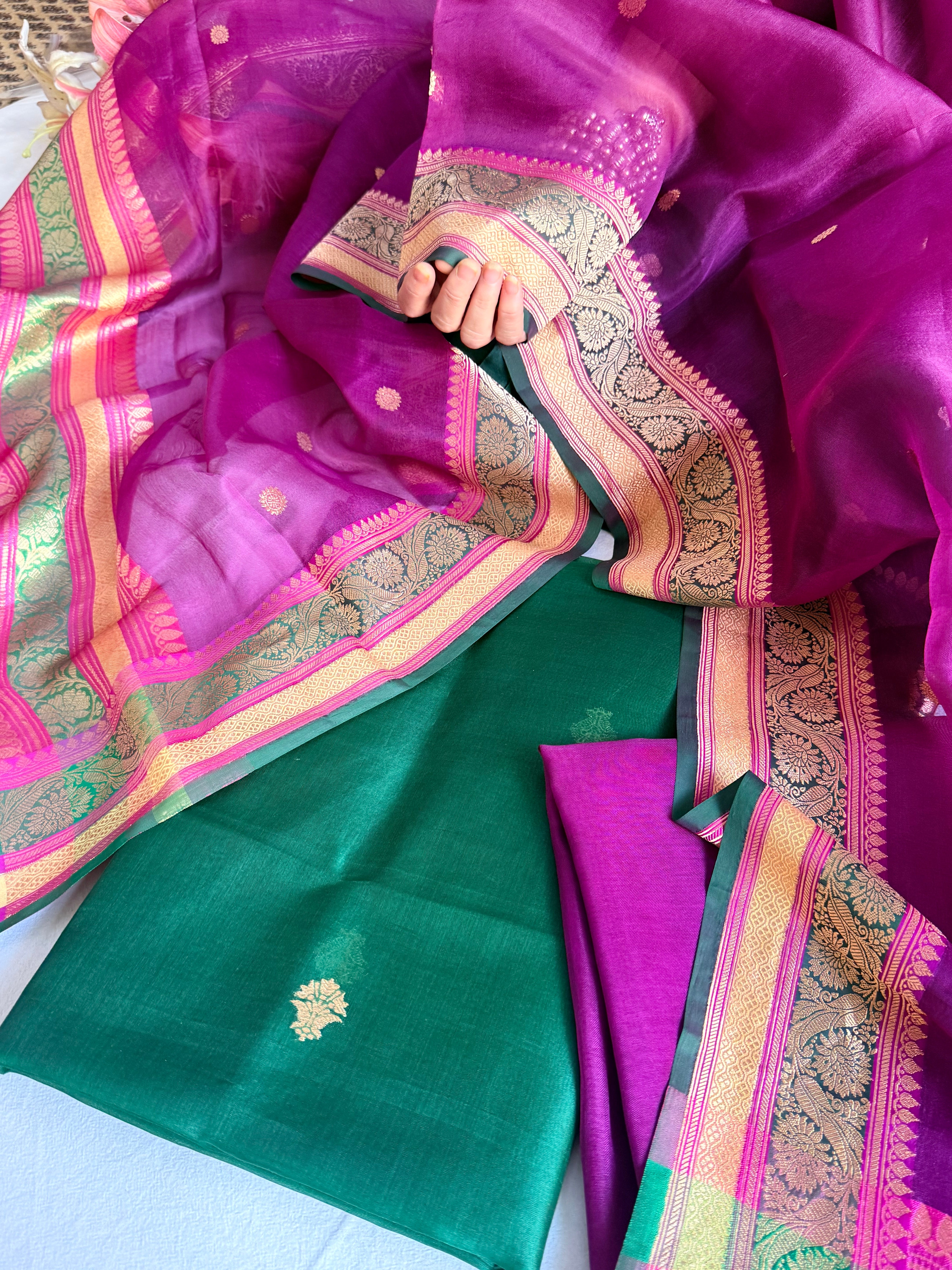 Banarasi purple-bottle green banarasi meenkari kadhwa border chap dye suits