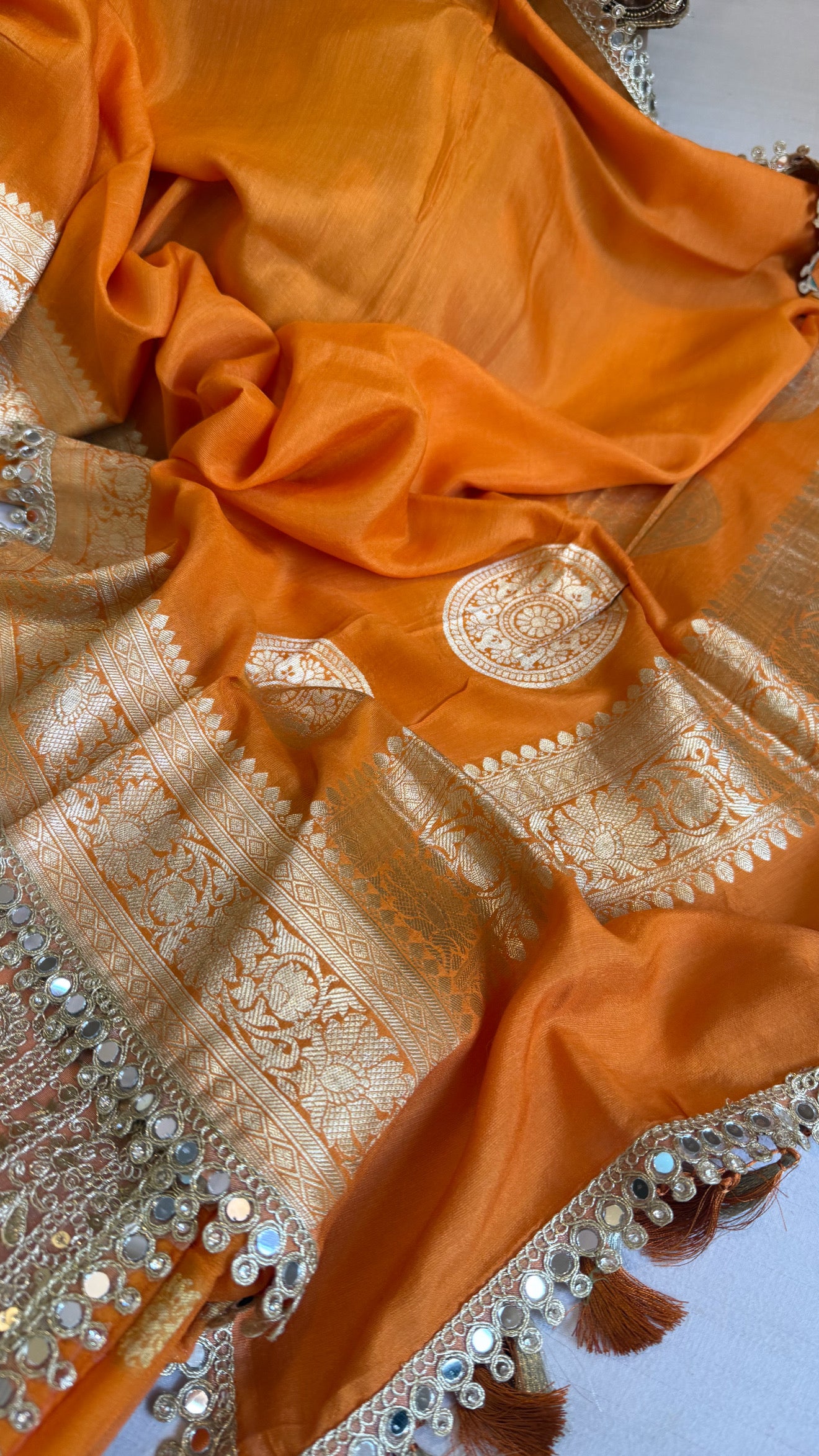Banarasi mango shade gorgette kadhwa mirror work gotapatti suit set
