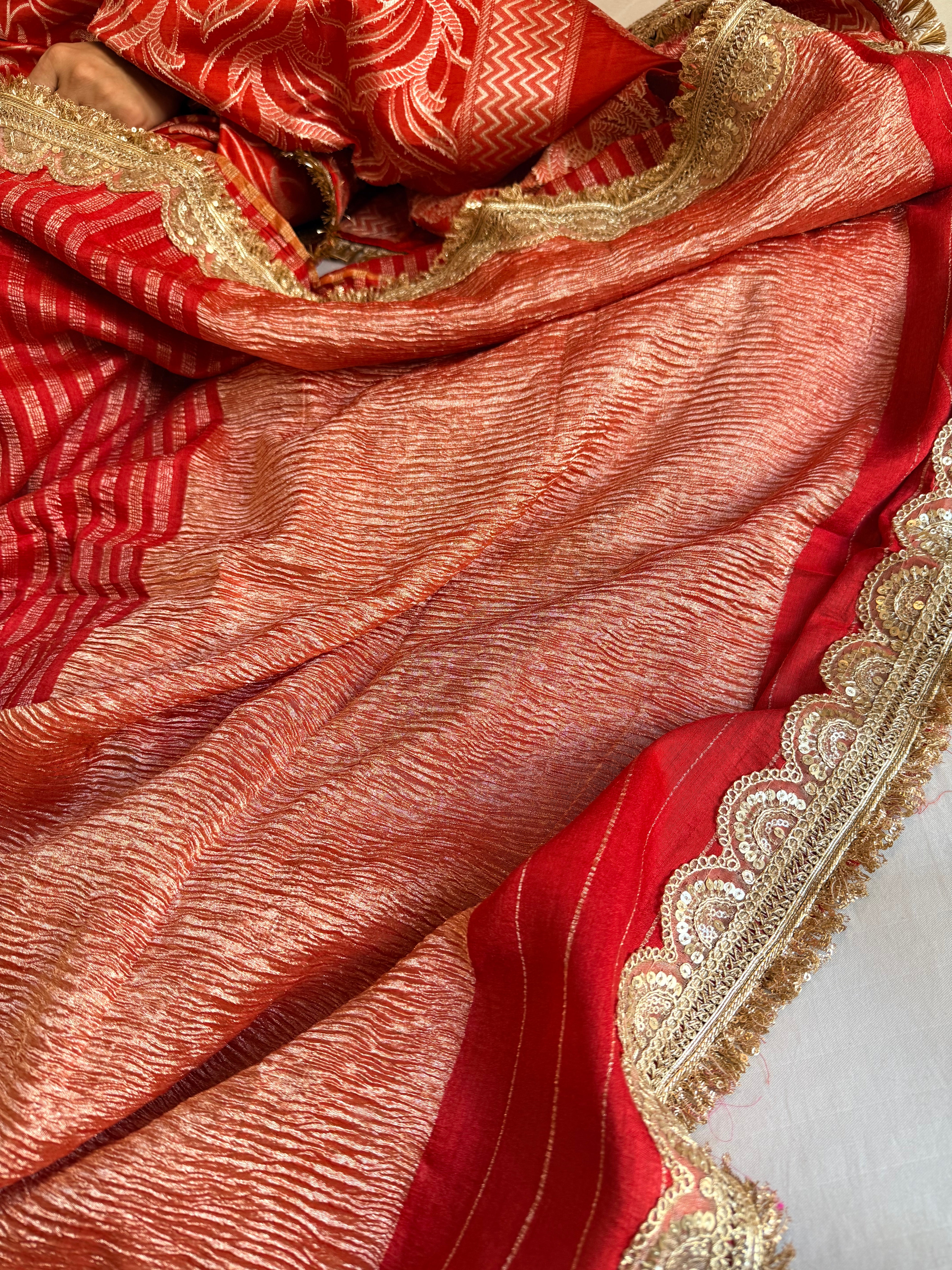 Moonga crushed deep red kadhwa gotapatti saree