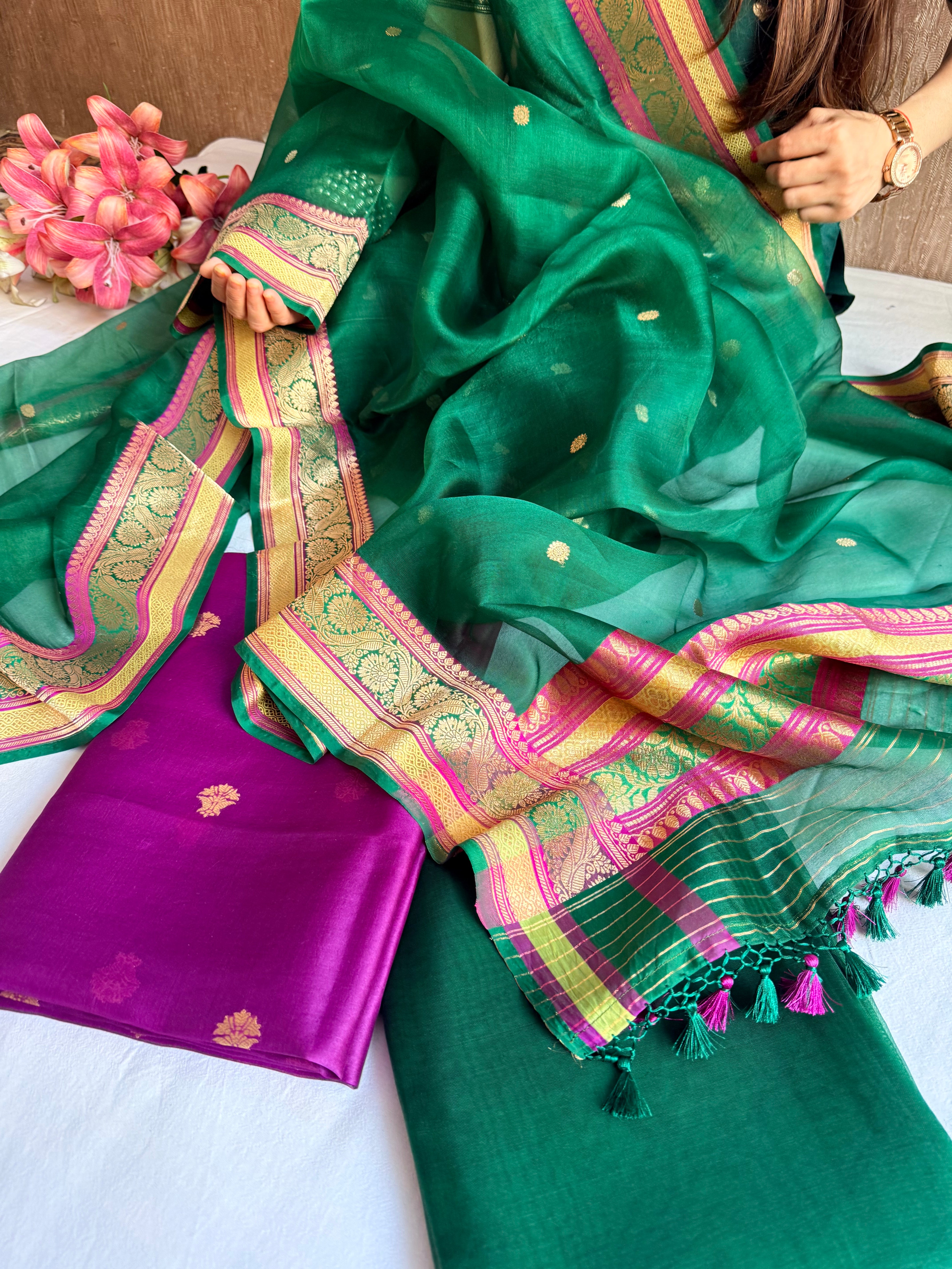 Banarasi purple-bottle green banarasi meenkari kadhwa border chap dye suits