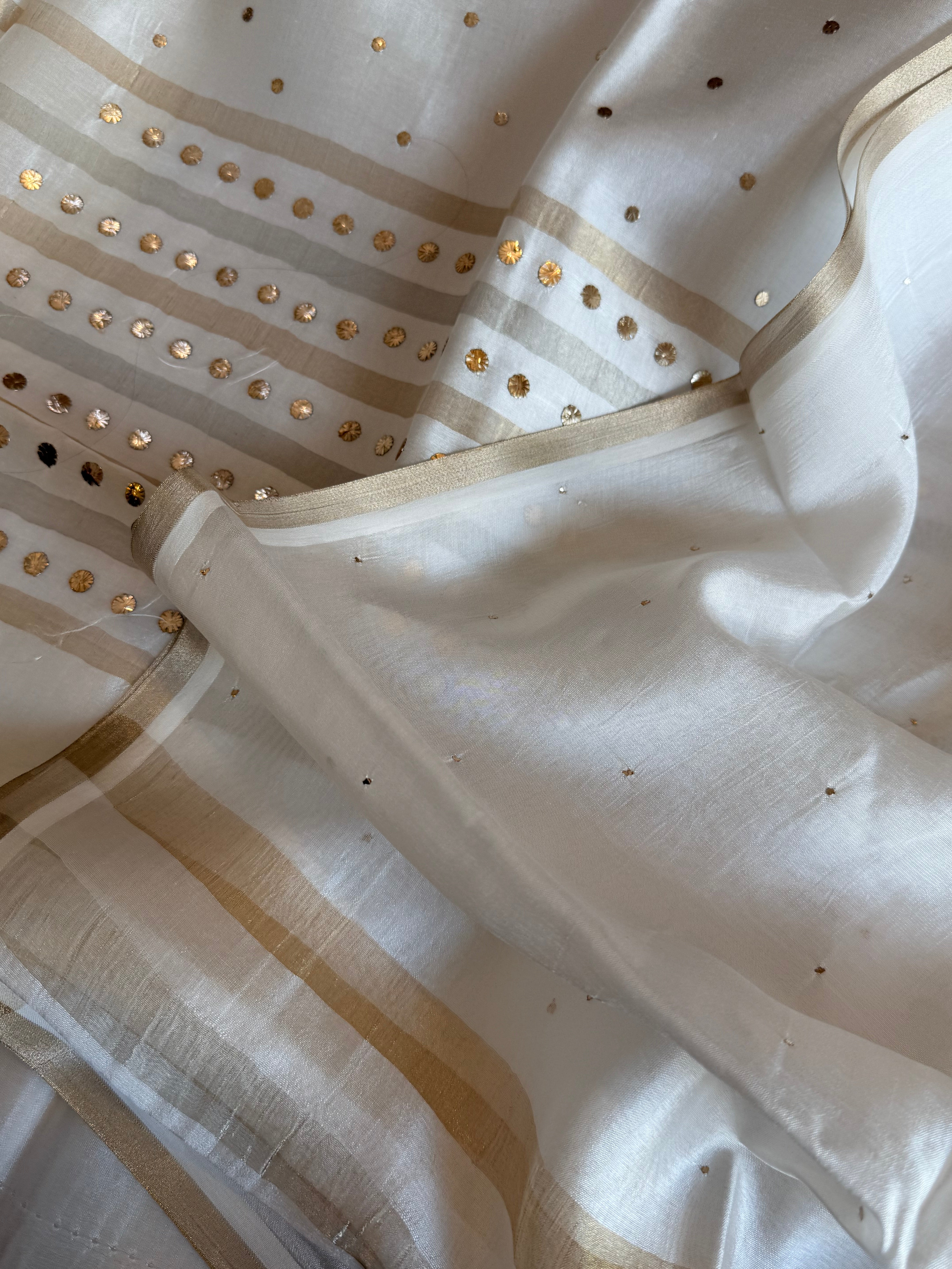 Pearl white spun chiniya silk mukaish hand embroidered suit sets