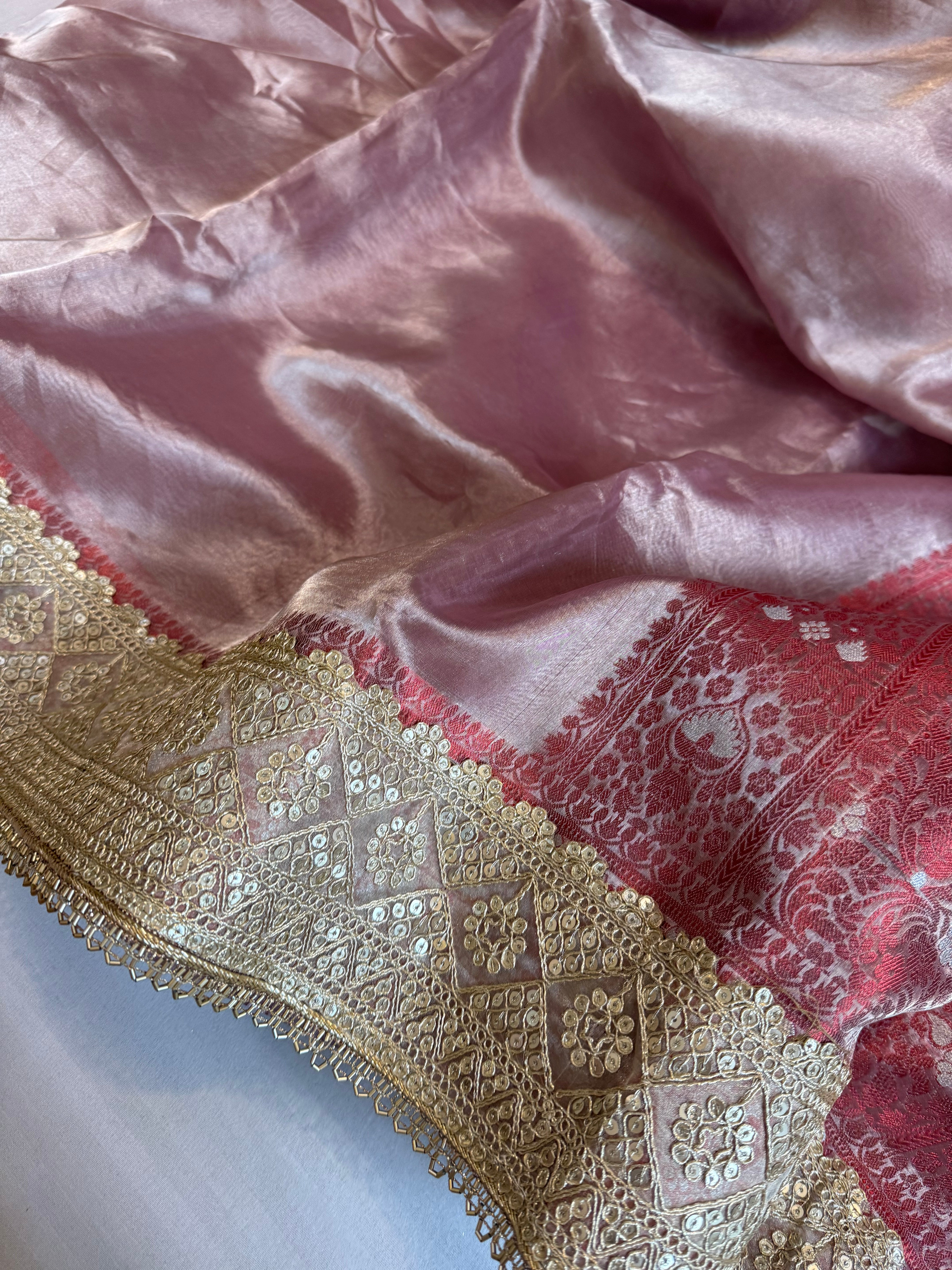 Maharani blush pink tissue silk meenakari kadhwa saree