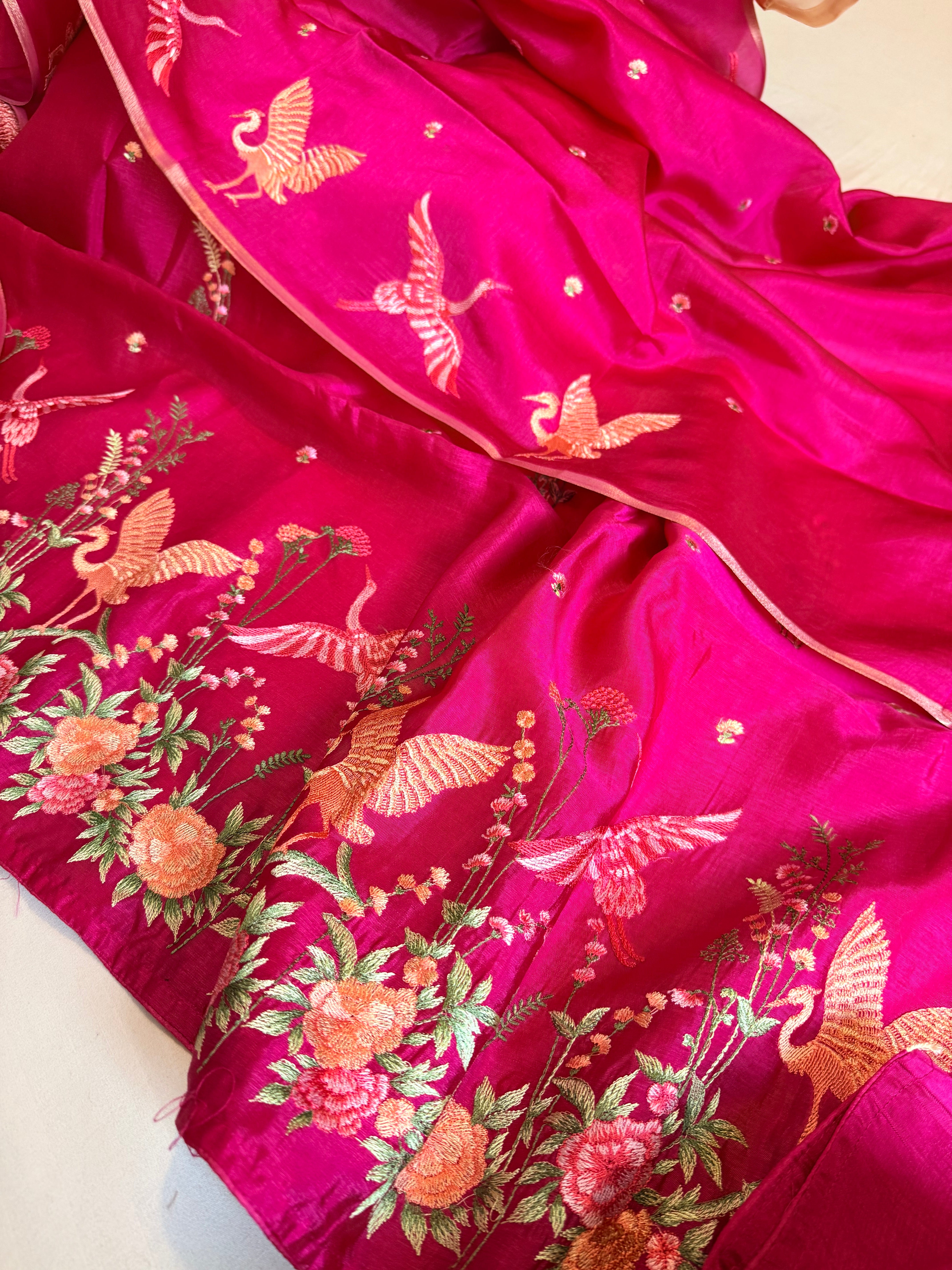 BELOW 8K - Parsi gara hot pink resham work banarasi chiniya silk kadhwa suit sets