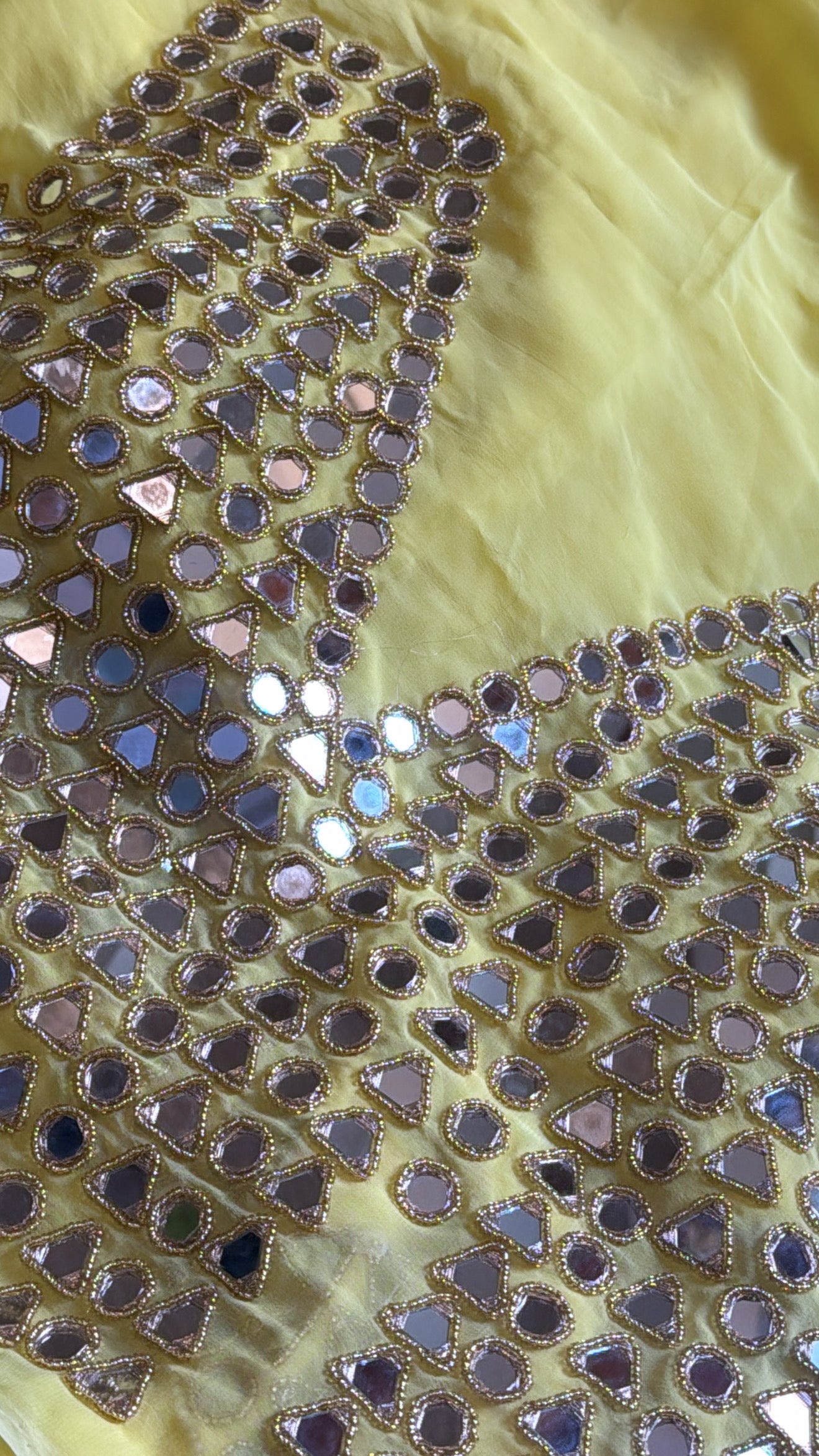 Mother’s Day offer - Lime yellow chiffon gorgette mirrorwork hand embroidered sarees