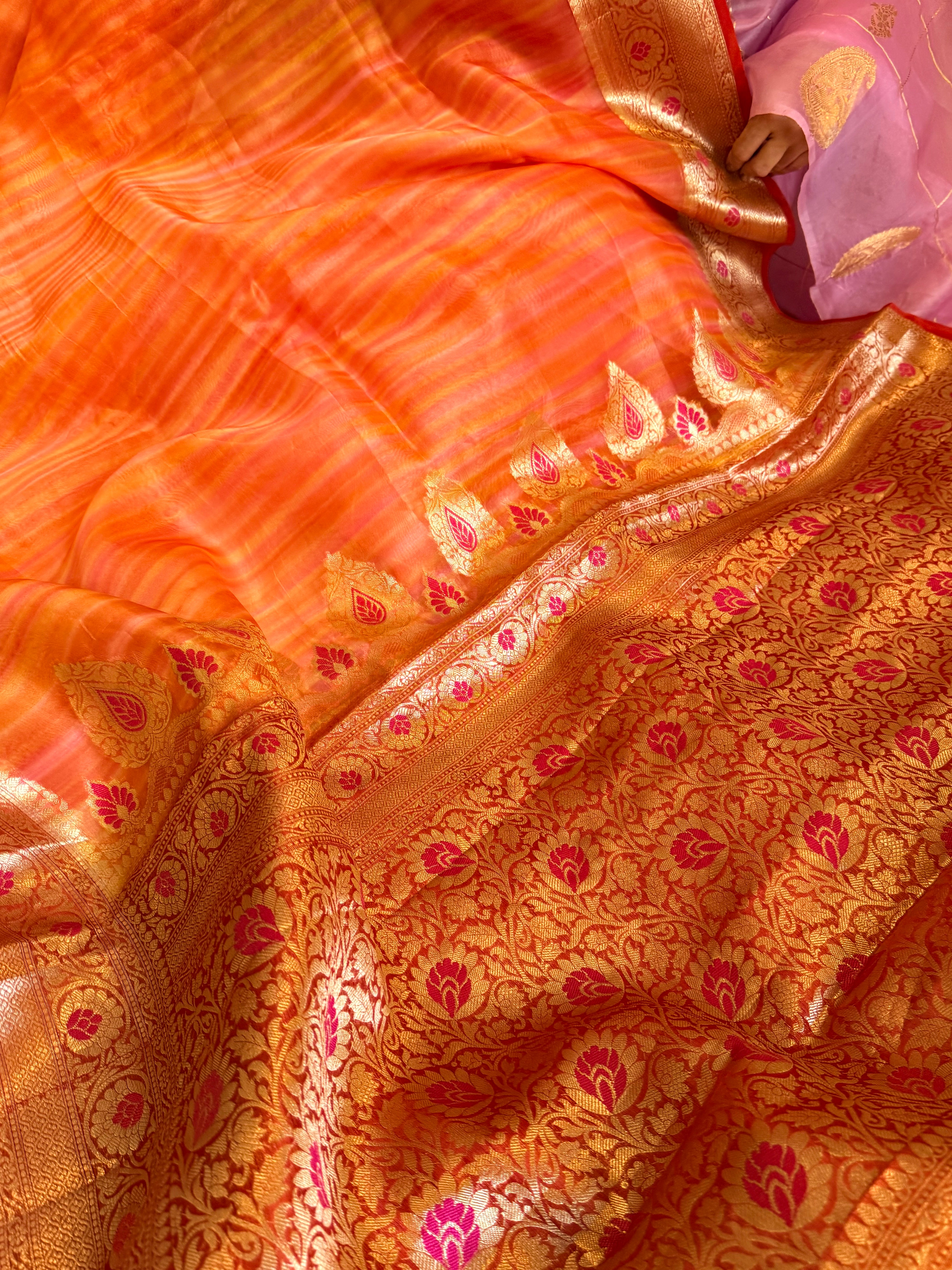 Peachy orange rainbow kora silk meenakari kadhwa saree