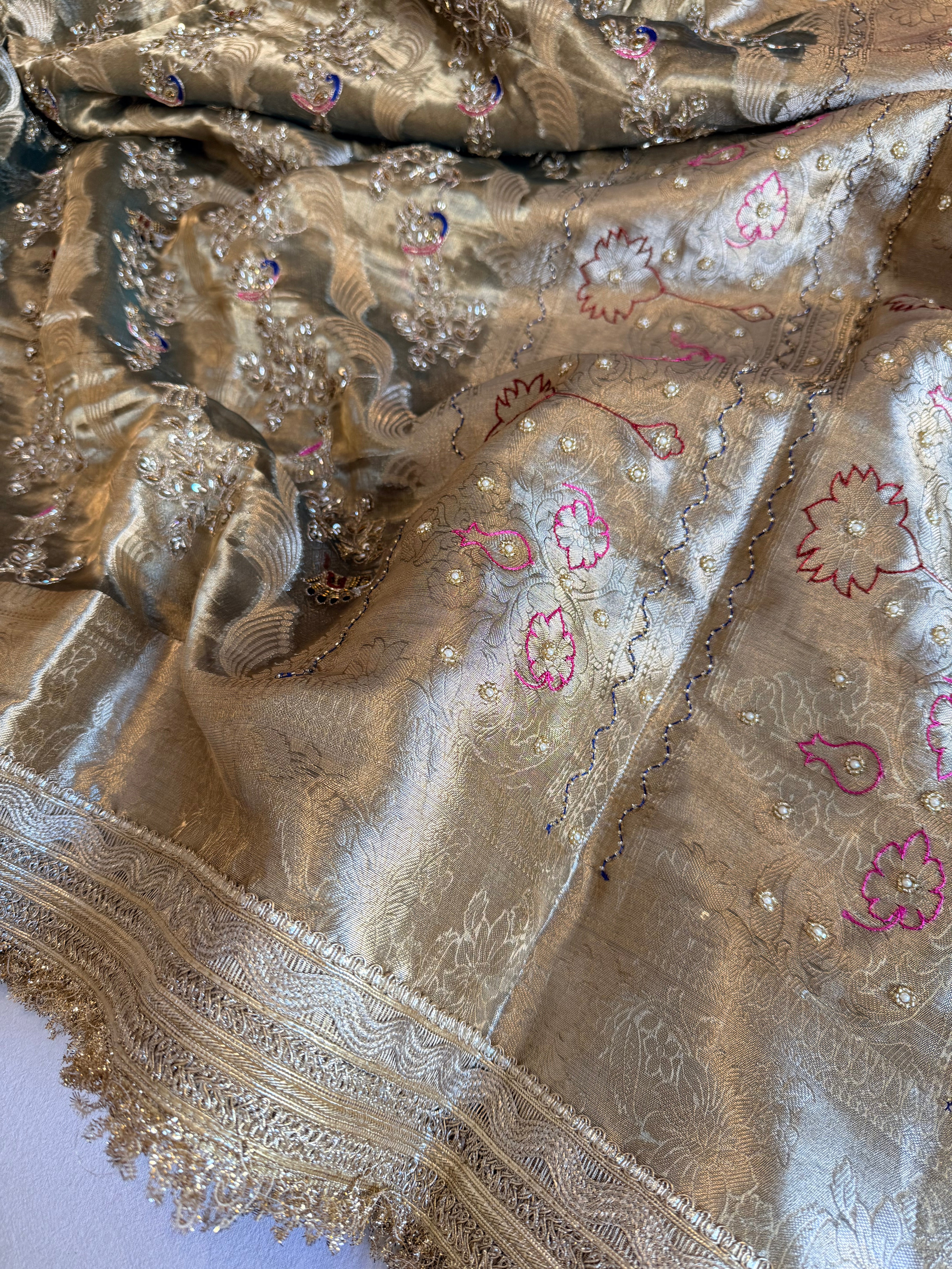 Mint green tissue silk kadhwa hand embroidered shikargah saree