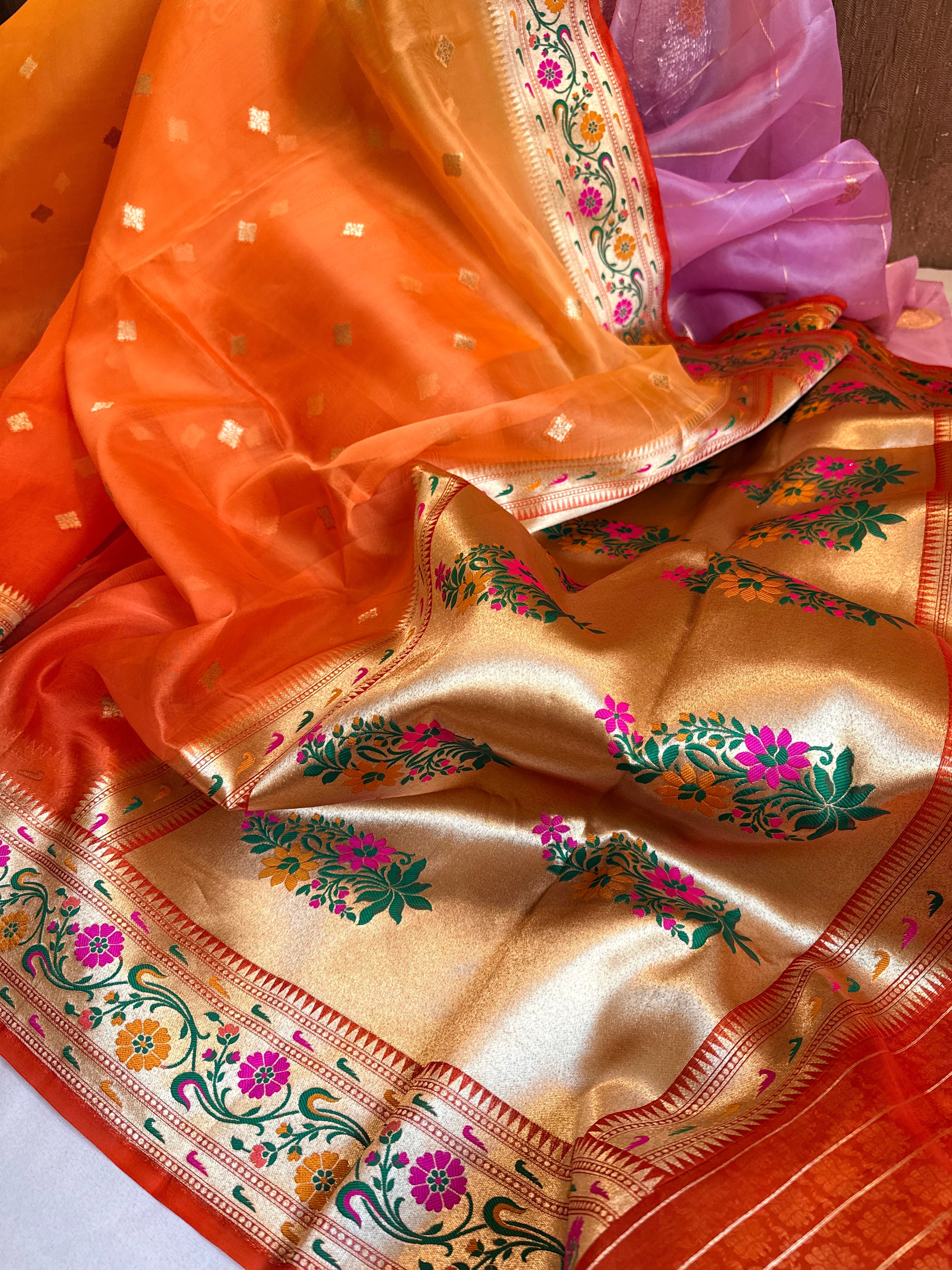 Fanta orange shaded paithani border kadhwa border handloom saree