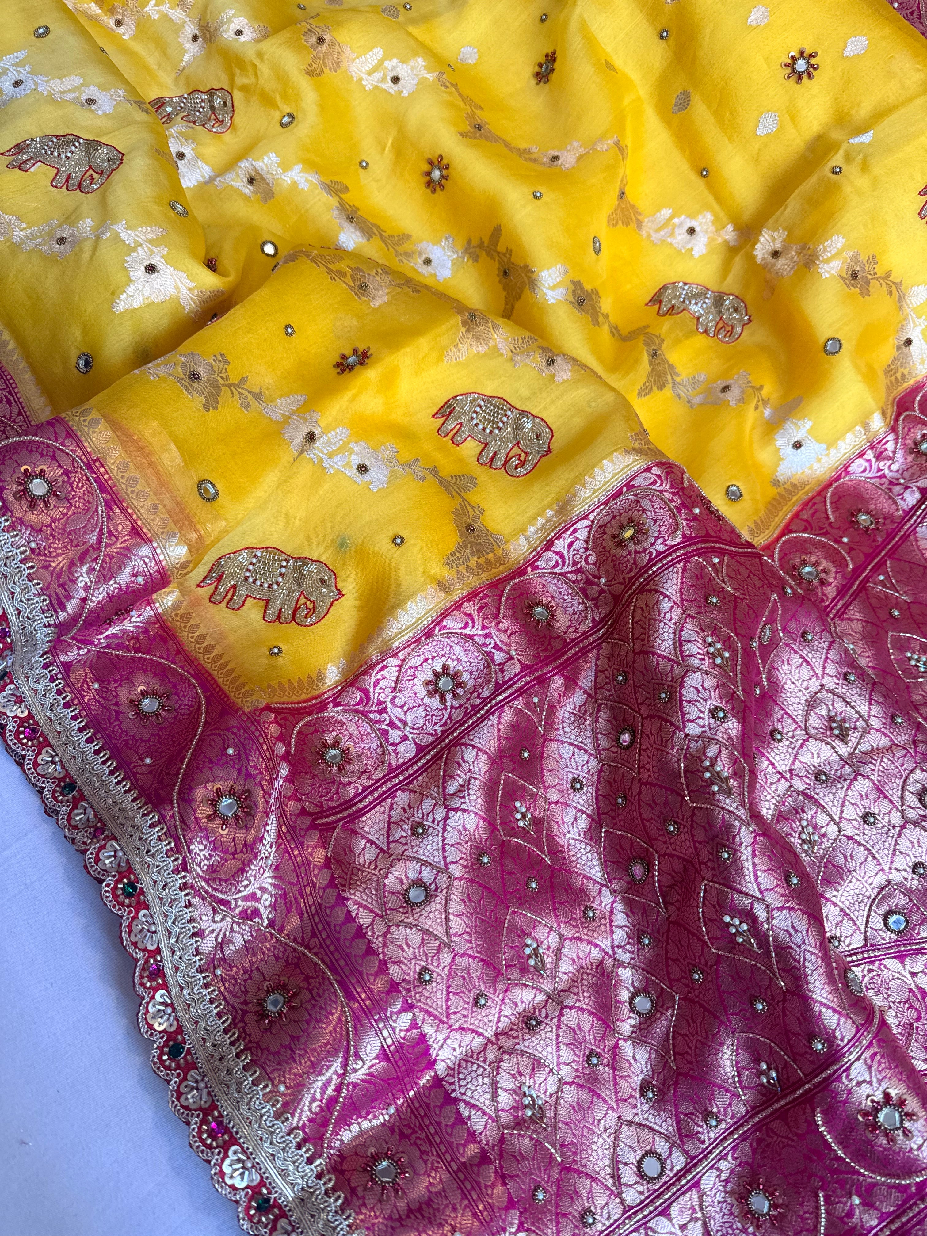 Peeli gulabi phere wali kora silk hand embroidered kadhwa saree