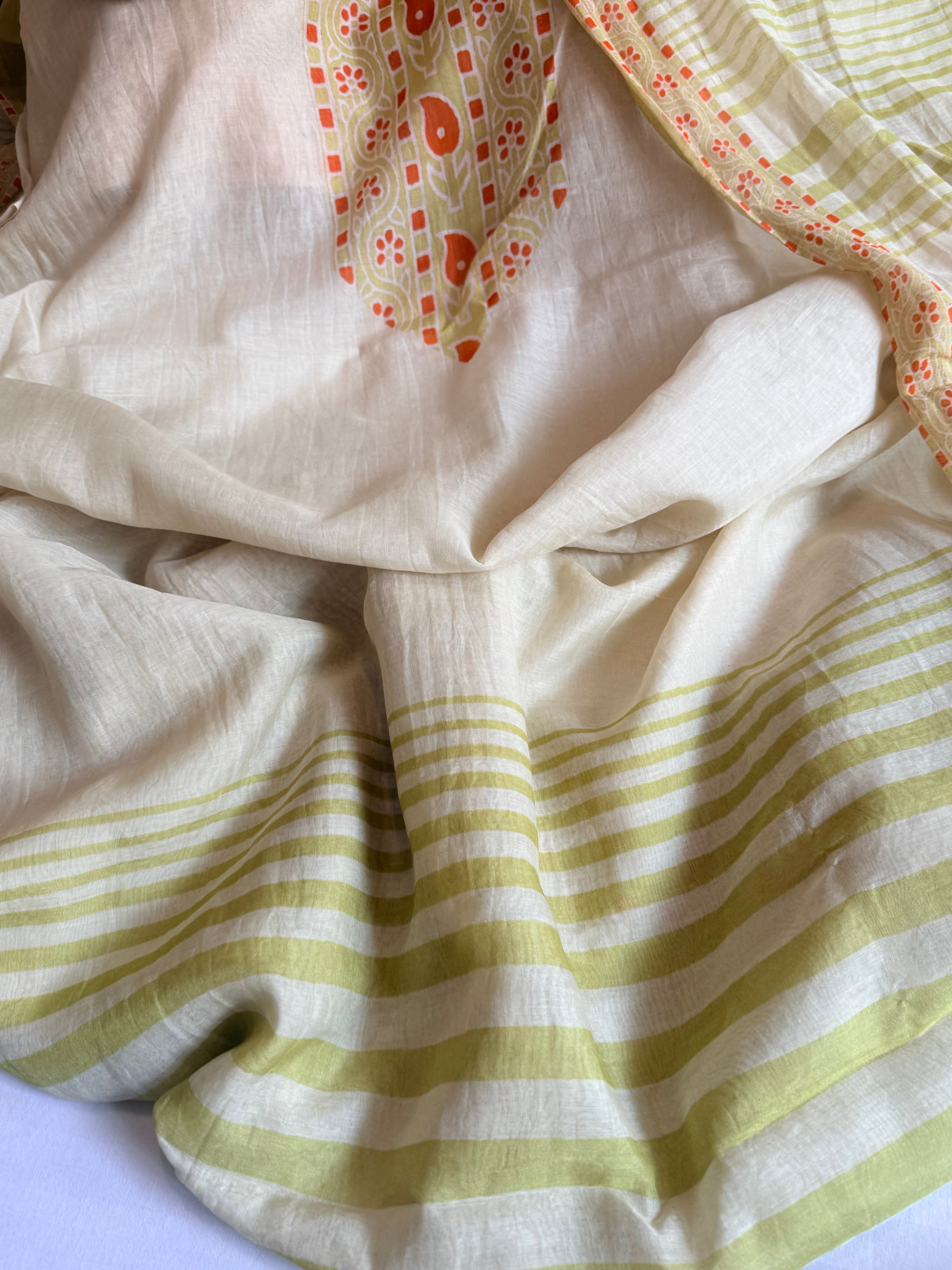 Dusty green mul cotton printed kadhwa weaving suit set