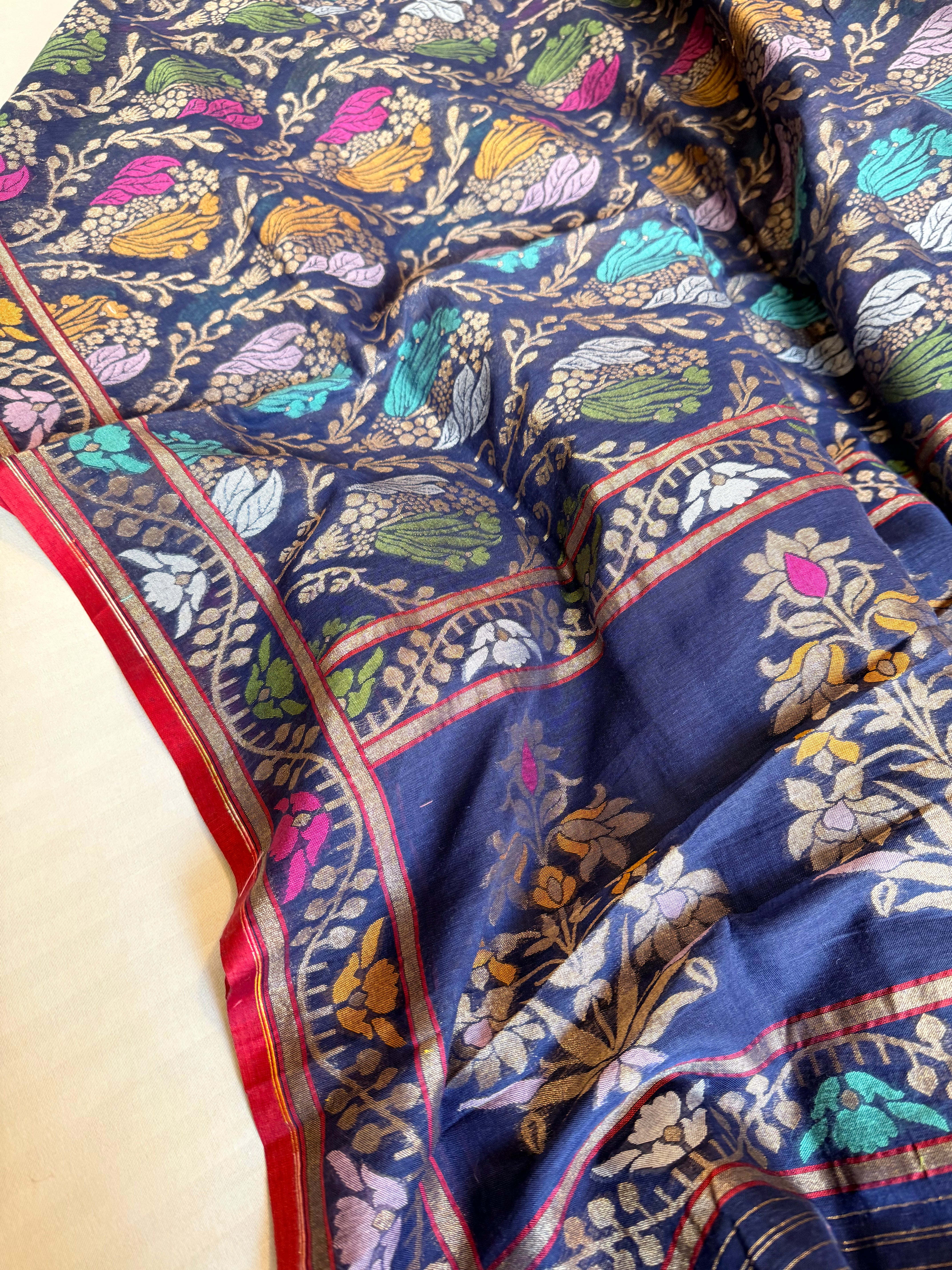 Iktara cotton jamdani navy blue meenakari saree