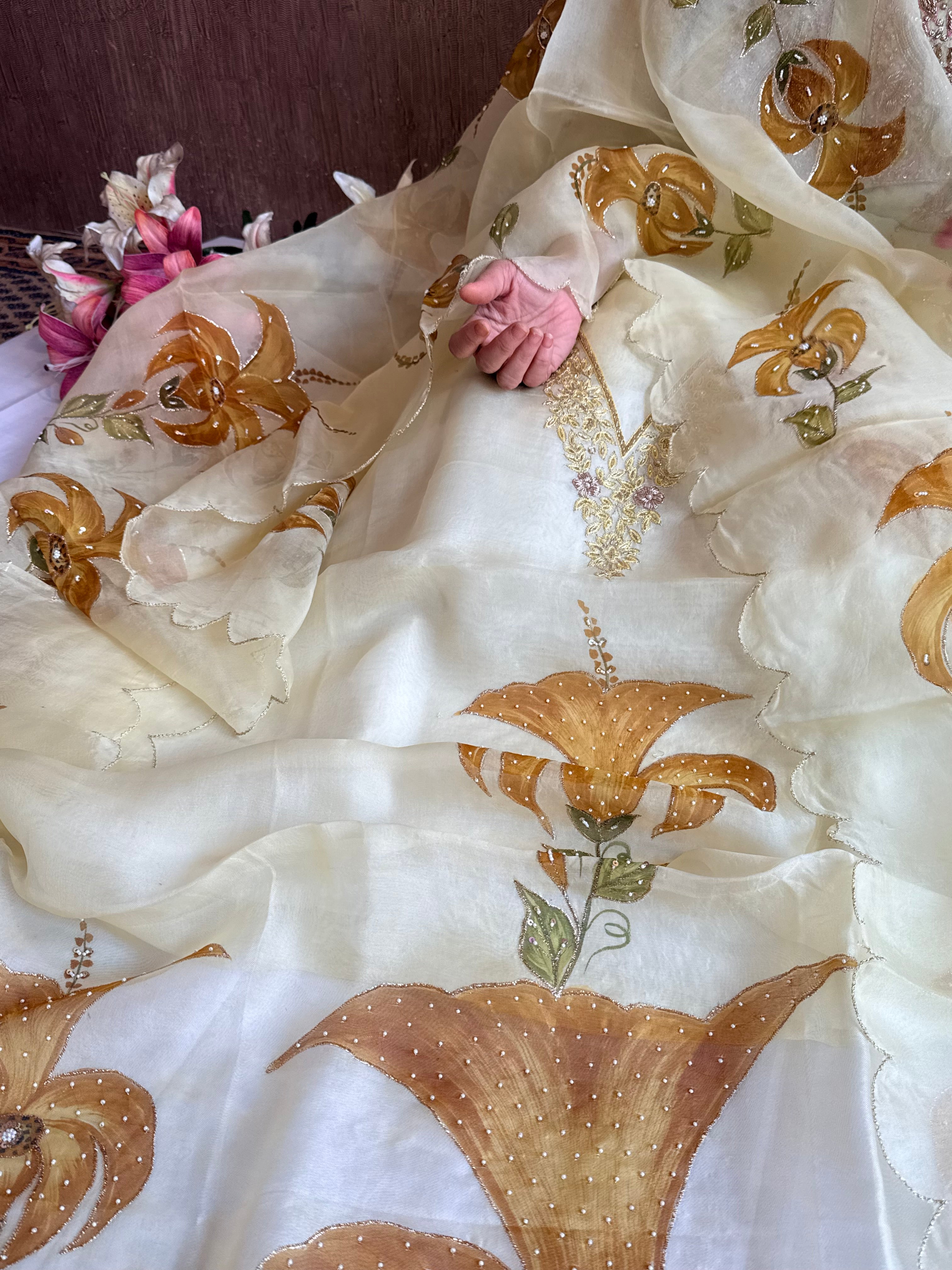 Banarasi Kora silk hand embroidered floral printed suit set