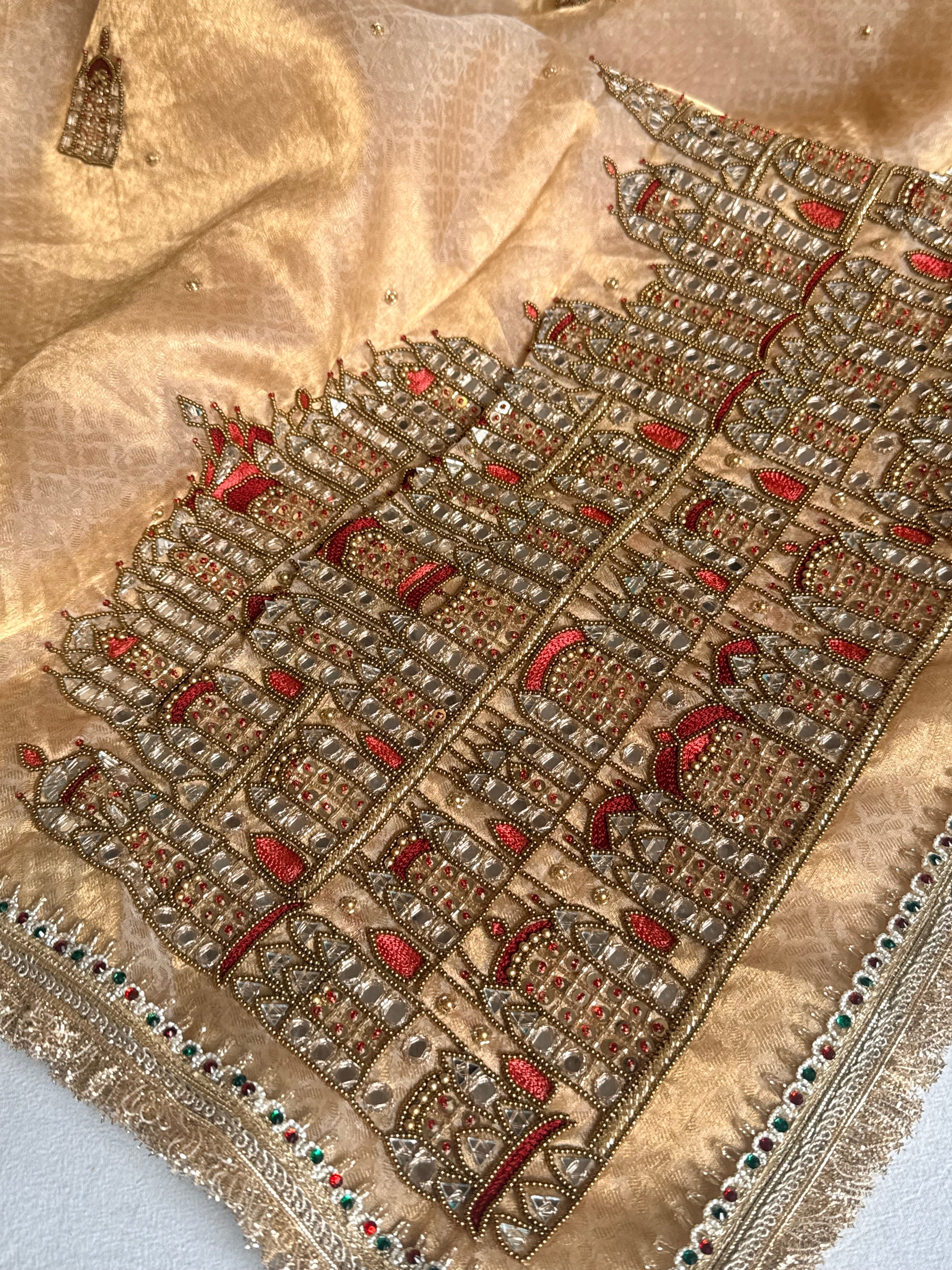 Sheeshmahal golden tissue silk hand embroidered mirrorwork