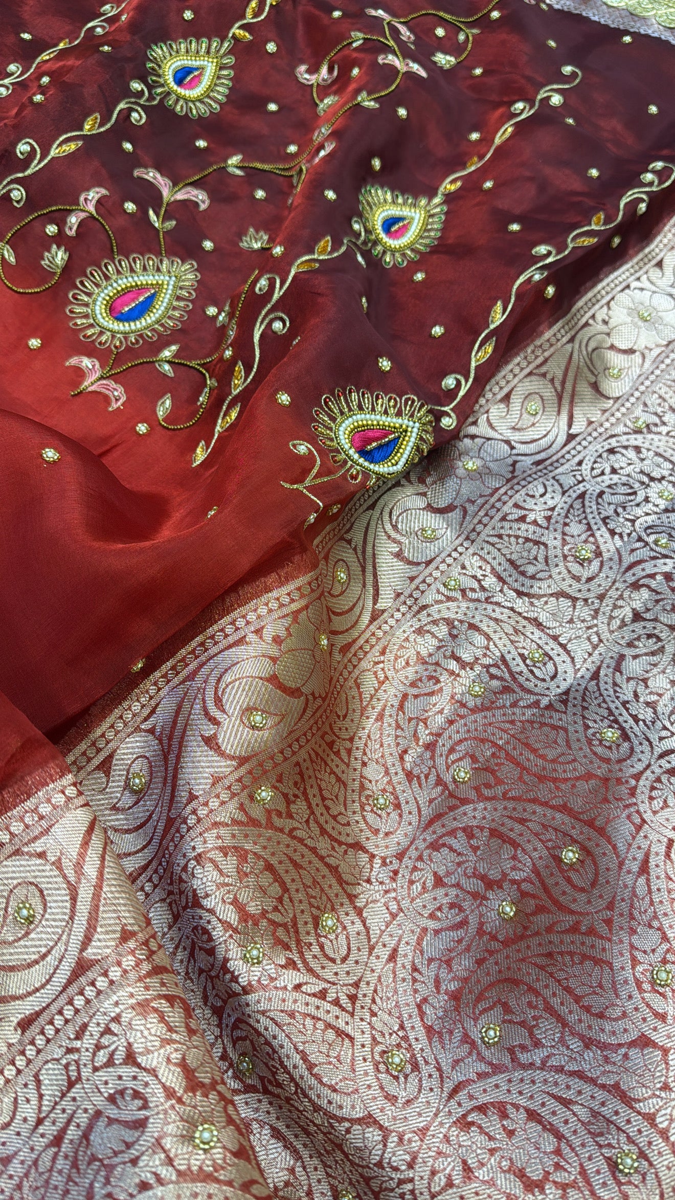 Blood red ombre shaded zardozi work tissue silk hand embroidered saree