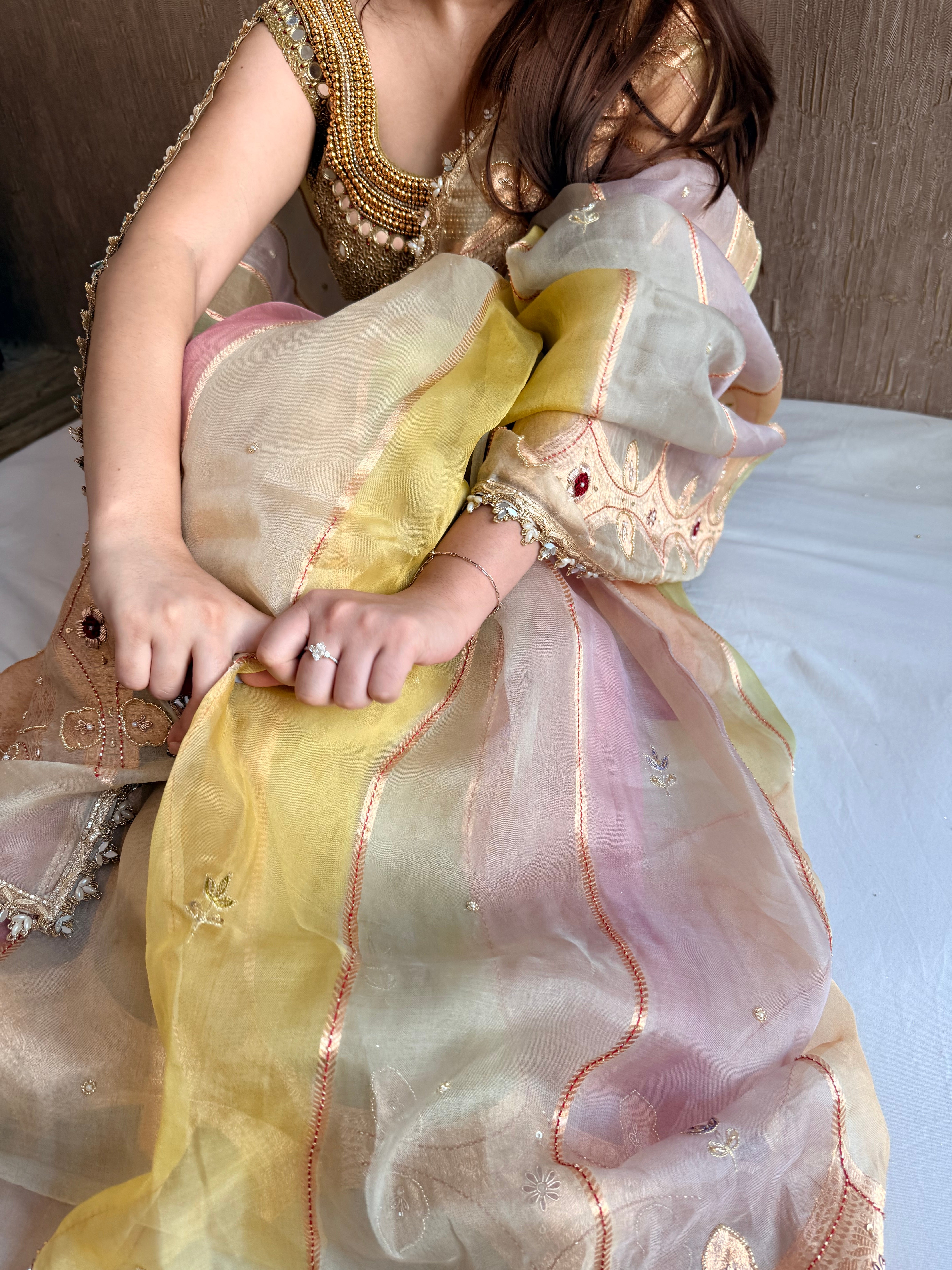 Rang birangi edit - Striped kora silk hand embroidered rangkaat saree